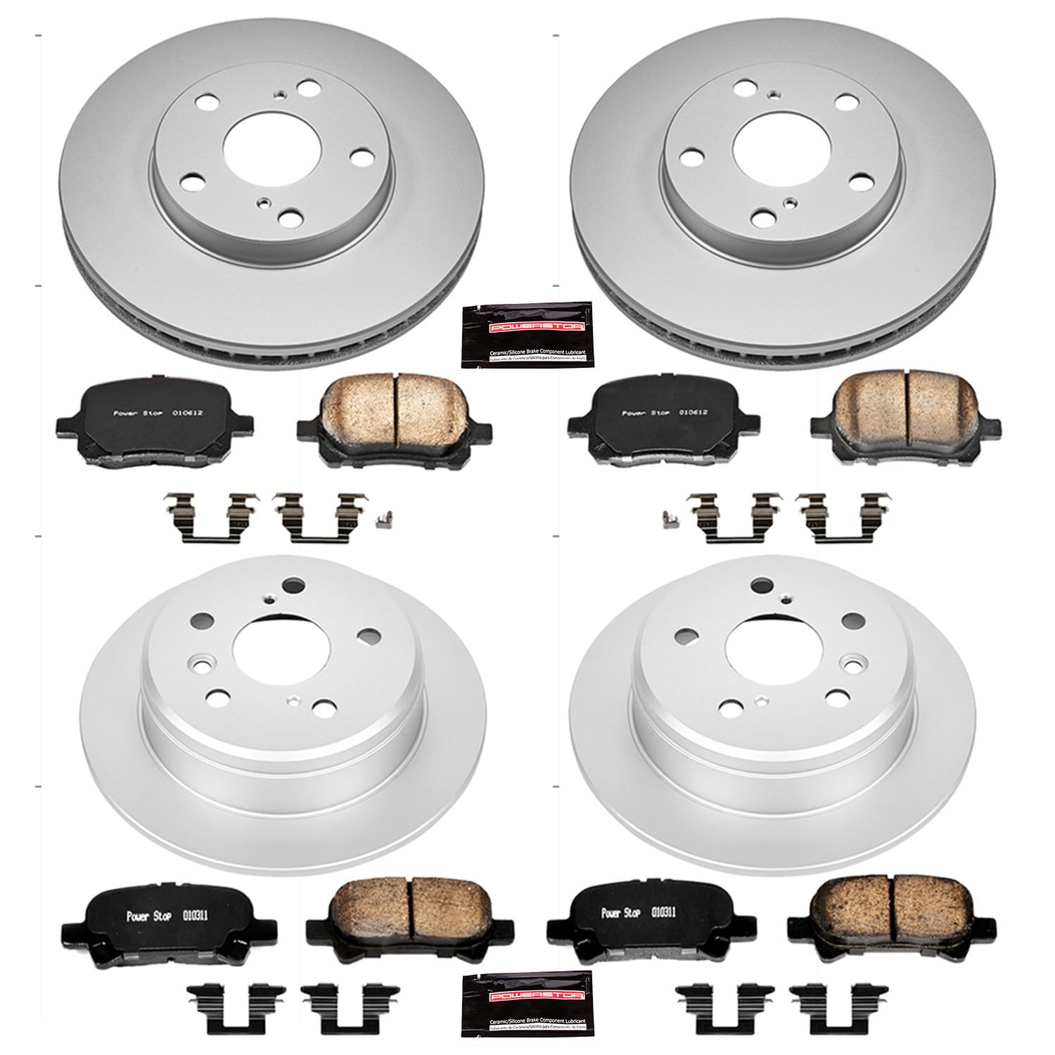 Power Stop Coated Brake Rotor & CRK1060 Ceramic Brake Pads- front & rear For Toyota Camry 2000-2001, Toyota Solara 1999-2003 [Model Specific]