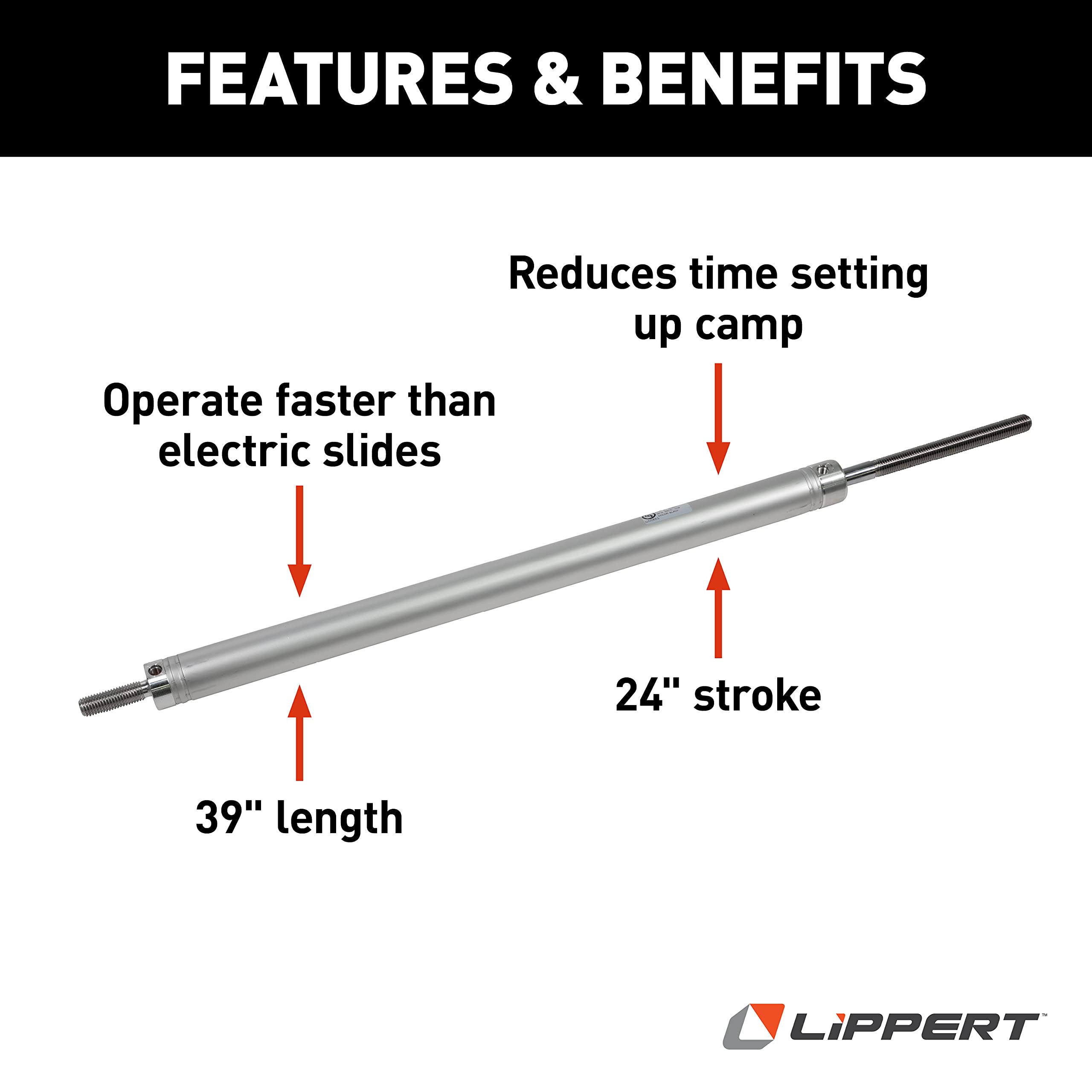 39" Lippert Replacement Hydraulic Cylinder for Slide-Outs on 5th Wheel RVs, Travel Trailers and Motorhomes, 24" Stroke, 1-1/2" Bore, Aluminum - 339031