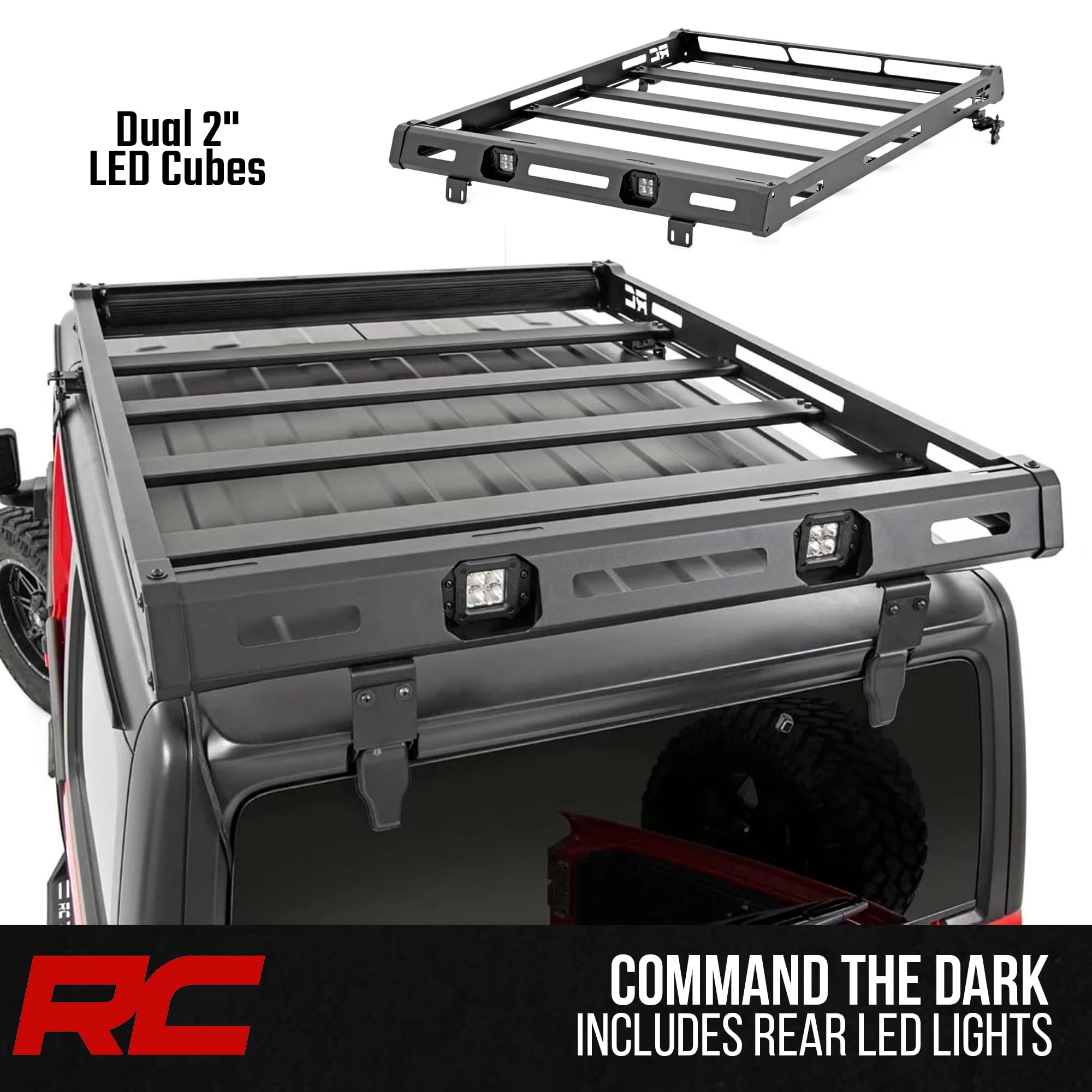 Rough Country Roof Rack for Jeep Wrangler JL (2021–2024) & Unlimited (2018–2025) with LED Lights - Cargo Rack with 50" LED Bar & Dual 2" Flush Mount LEDs, Freedom Top Compatible