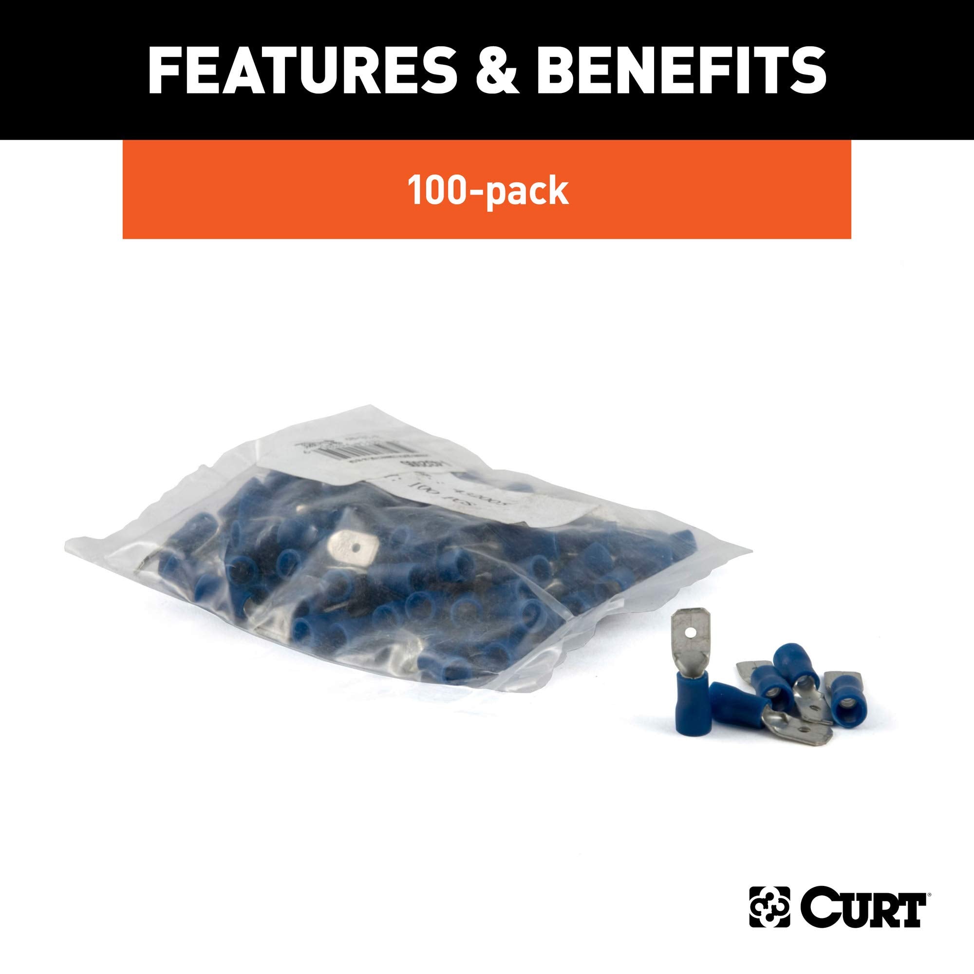 CURT 59432 Blue Vinyl-Insulated 16-14 Gauge Male Wire Quick Connectors, 100-Pack