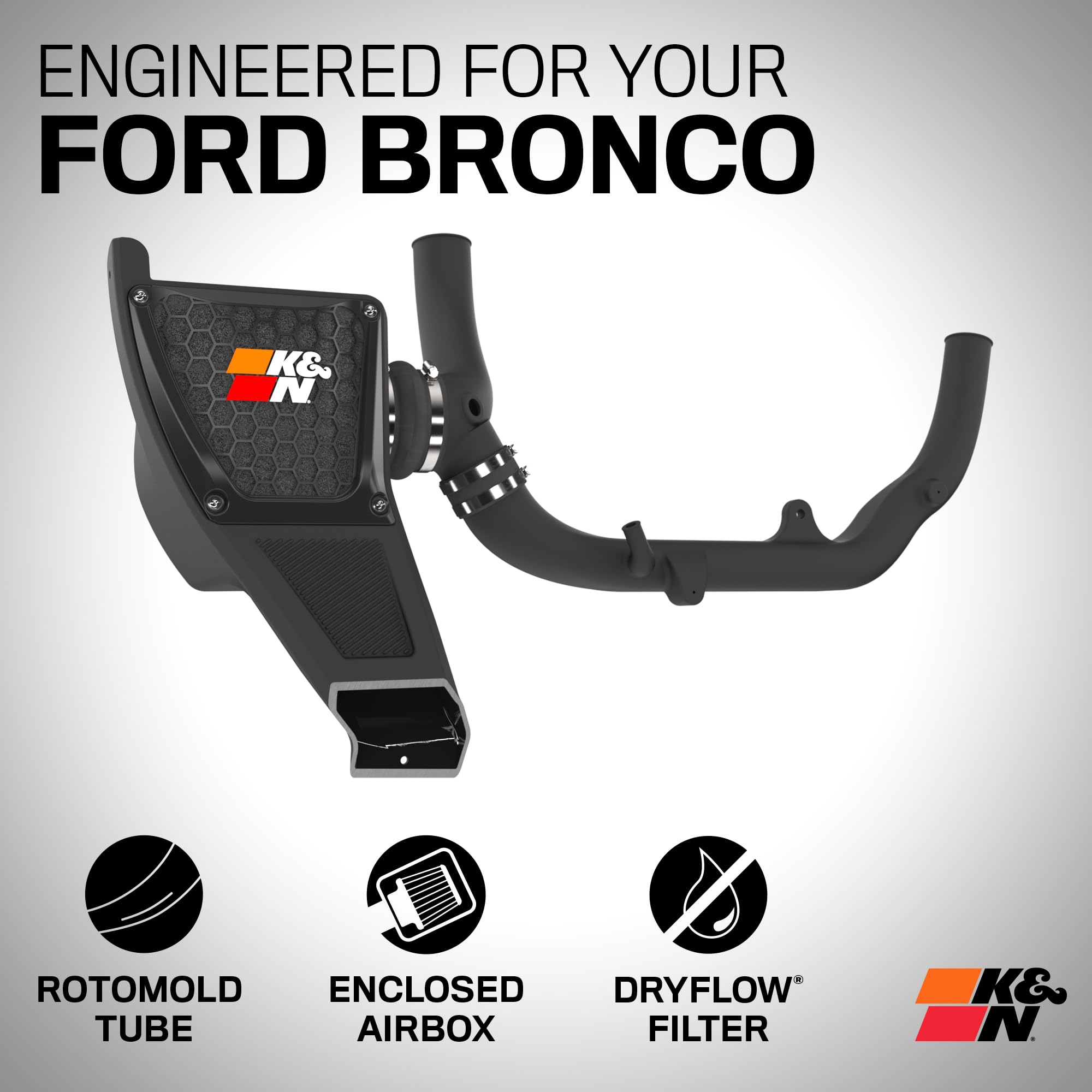 Cold Air Intake System K&N: Dry-Flow Air Filter, Increase Performance & Towing: Compatible with 2021-2024 FORD: Bronco, 30-2619