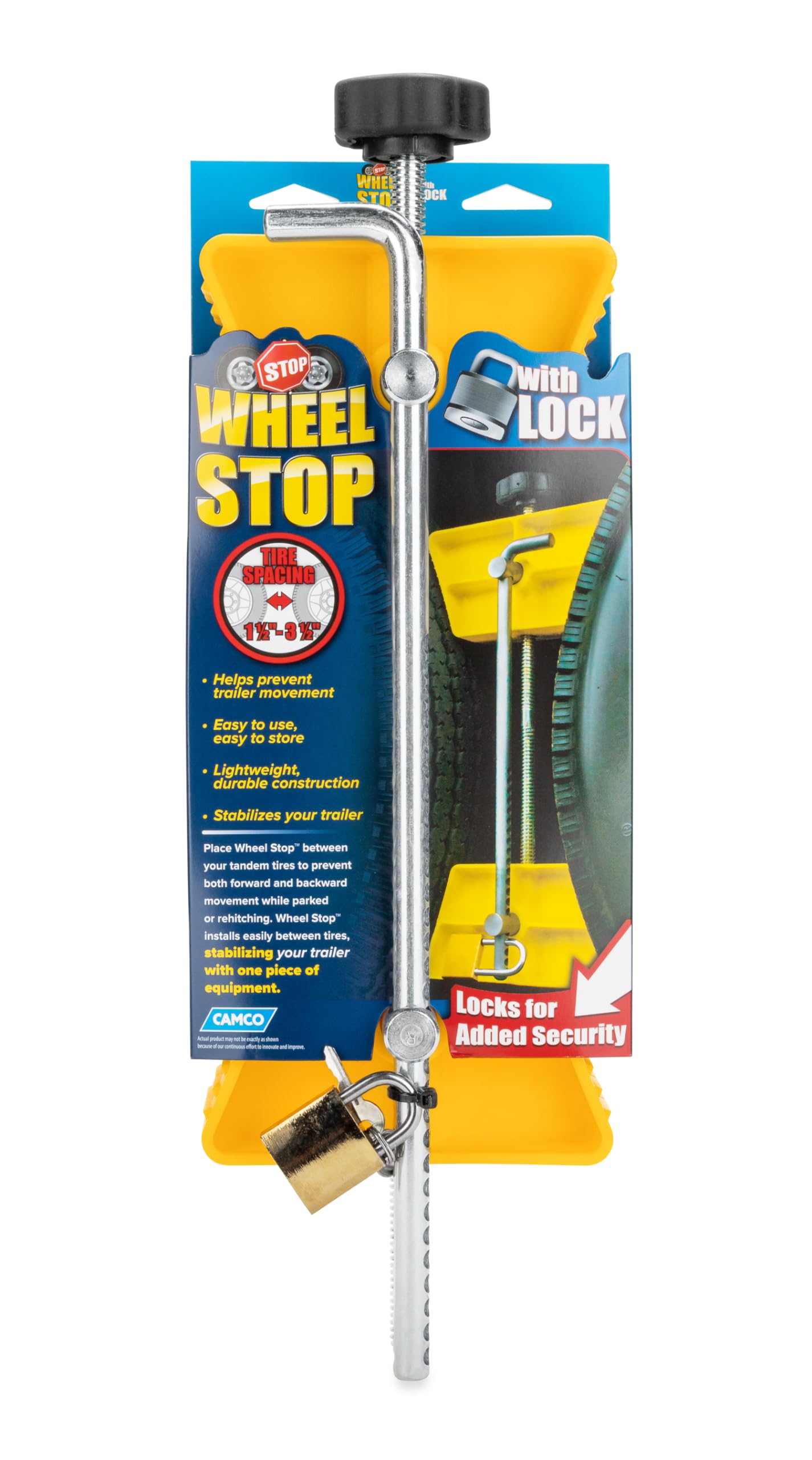 Camco RV Small Wheel Stop with Lock - Stabilizes Your Trailer - Compatible with Tires with a 26" to 30" Diameter & 1 ½" to 3 ½" Tire Spacing (44653), Yellow