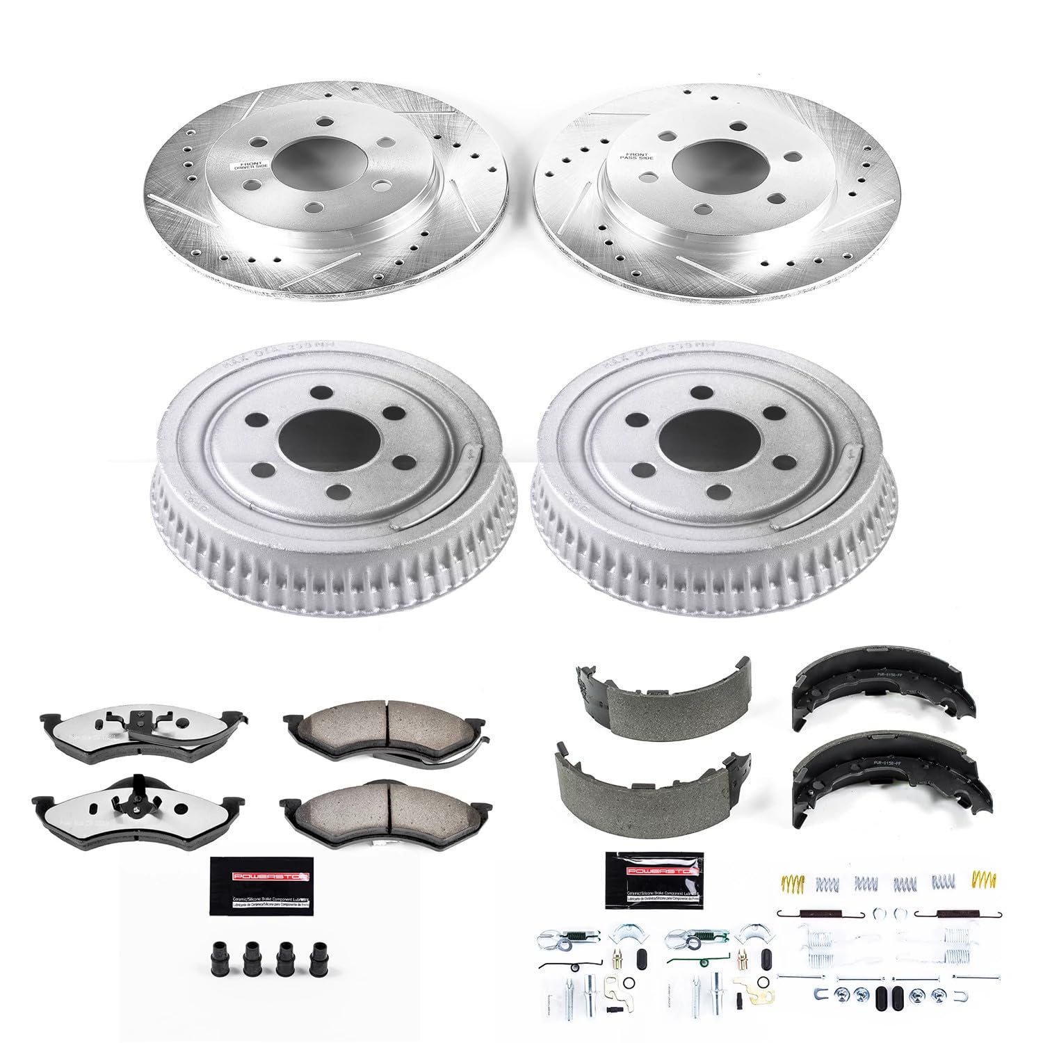 Brake Kit Power Stop Front and Rear For 1999 Dodge Dakota - Truck & Tow Carbon Fiber Ceramic Brake Pads, Drums, & Drilled and Slotted Rotors Replacement, K15071DK-36