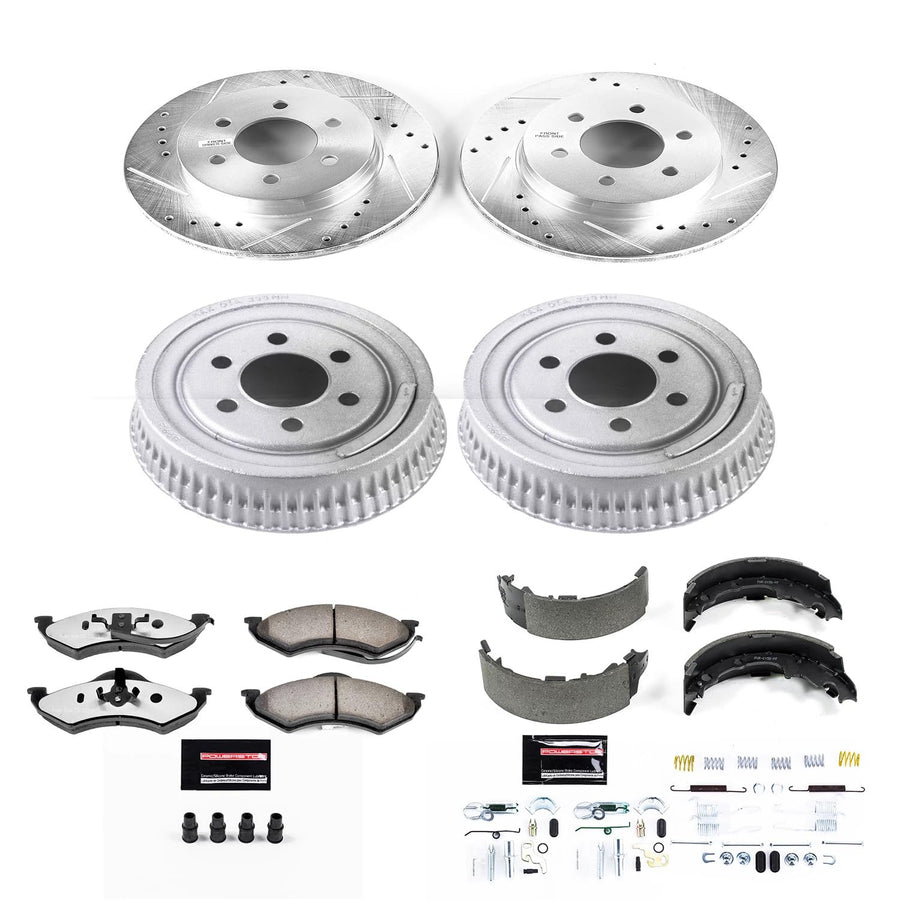Brake Kit Power Stop Front and Rear For 1999 Dodge Dakota - Truck & Tow Carbon Fiber Ceramic Brake Pads, Drums, & Drilled and Slotted Rotors Replacement, K15071DK-36
