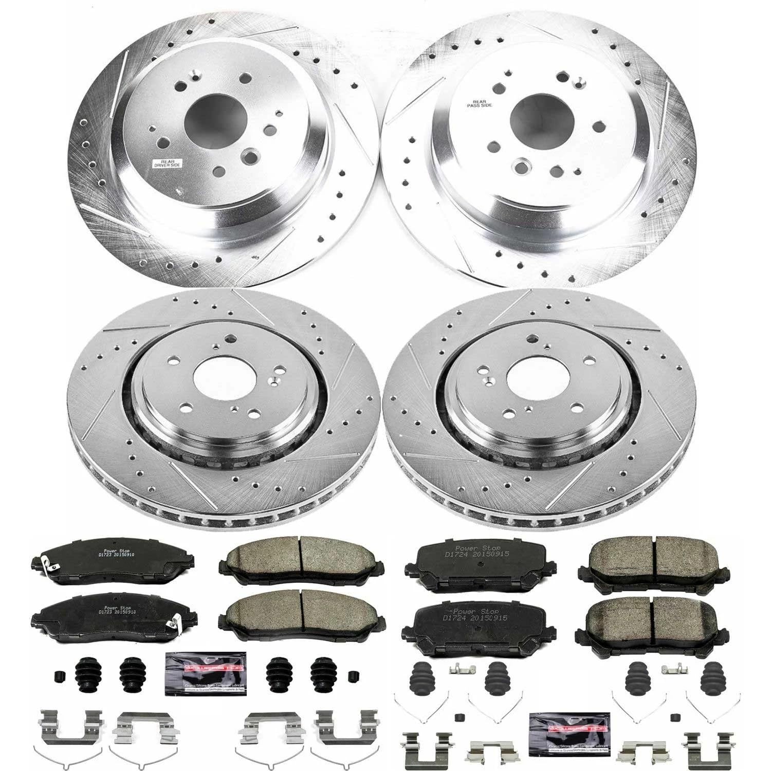 Power Stop K6956 Z23 Carbon Fiber Brake Pads Front and Rear with Drilled and Slotted Brake Rotors Kit For 2014 2015 2016 Acura MDX
