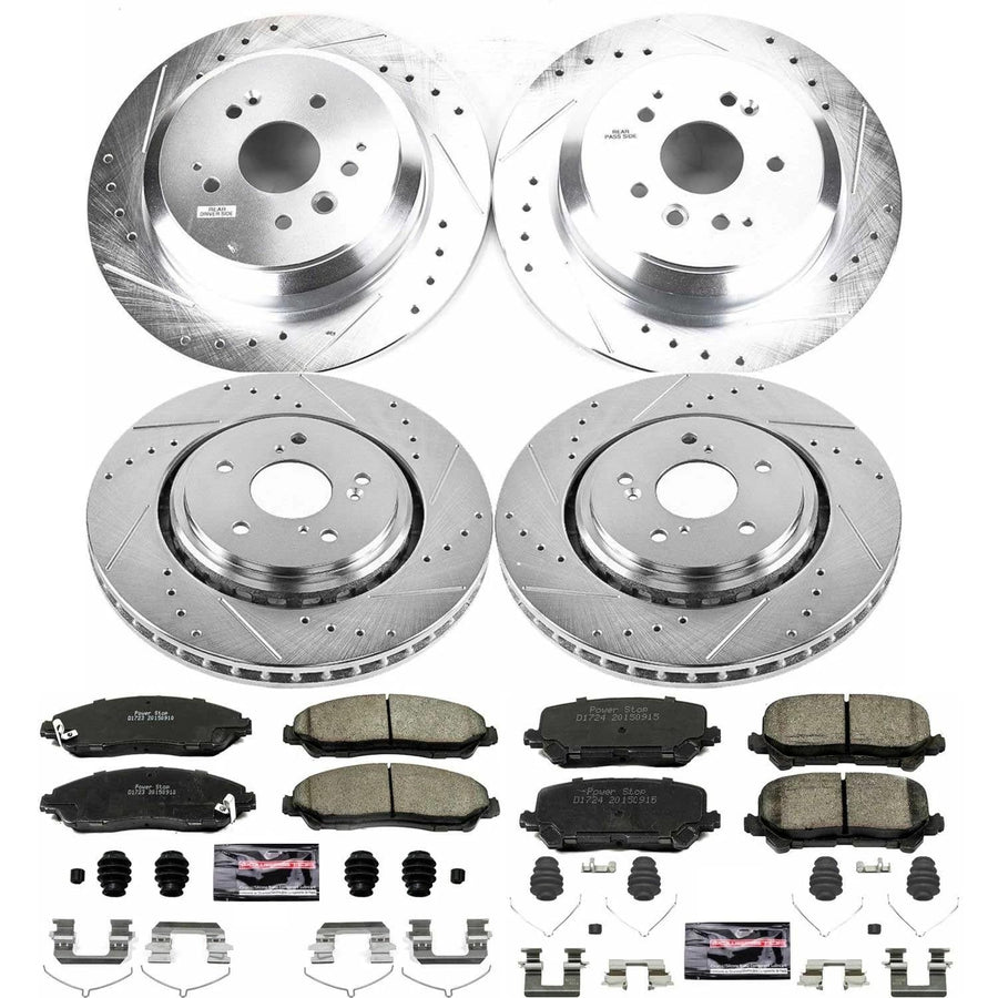 Power Stop K6956 Z23 Carbon Fiber Brake Pads Front and Rear with Drilled and Slotted Brake Rotors Kit For 2014 2015 2016 Acura MDX