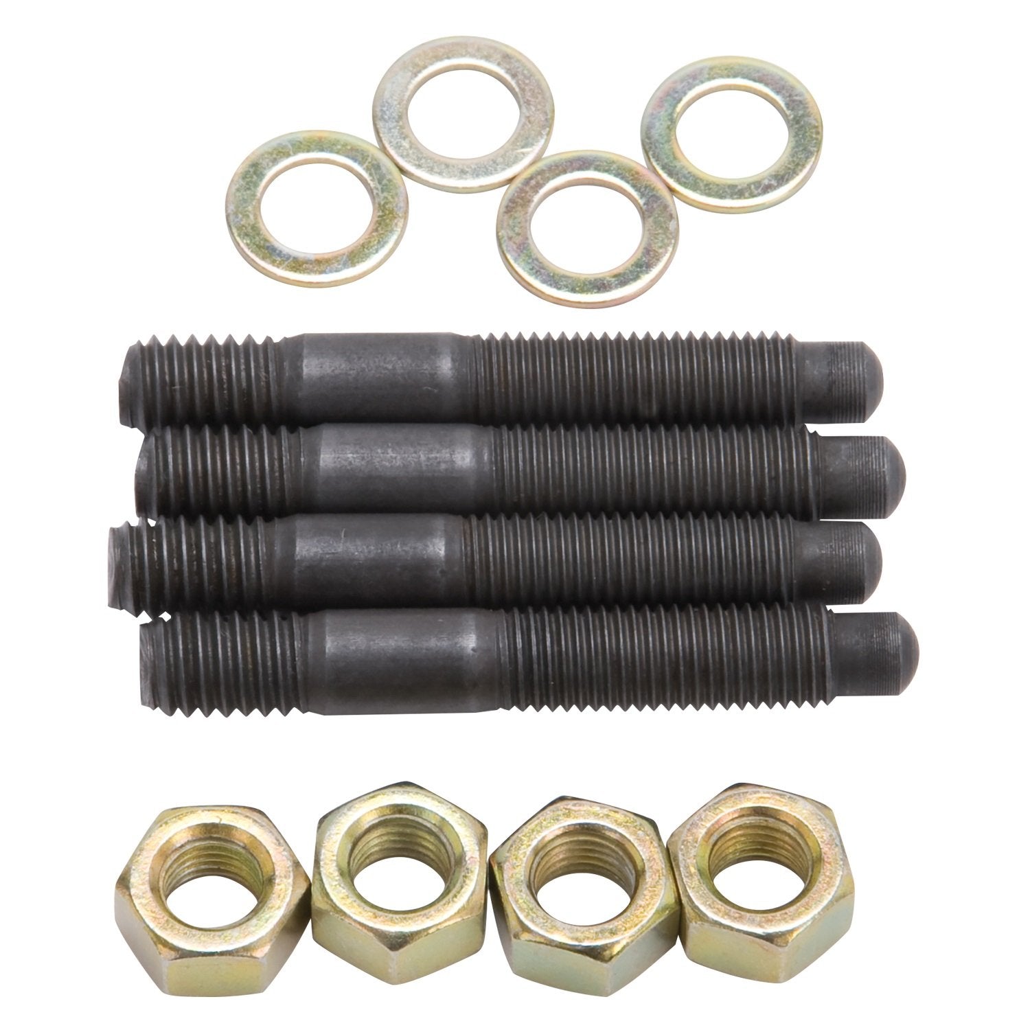 Edelbrock Carburetor 8060, Mounting Studs, Bullet Nosed, Black Oxide, Gold Iridite Washers/Nuts, 5/16" x 2.0", Set of 4