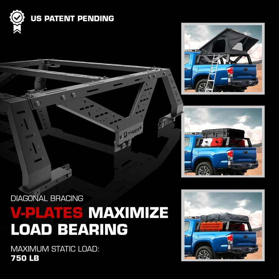 Tyger Auto Overland Plate Style Bed Rack for Full-Size Pickup Trucks | Compatible with Ram 1500 & HD, Ford F-Series, Silverado, Sierra, Titan & XD (see image for size chart) | TG-BK2U55637, Black