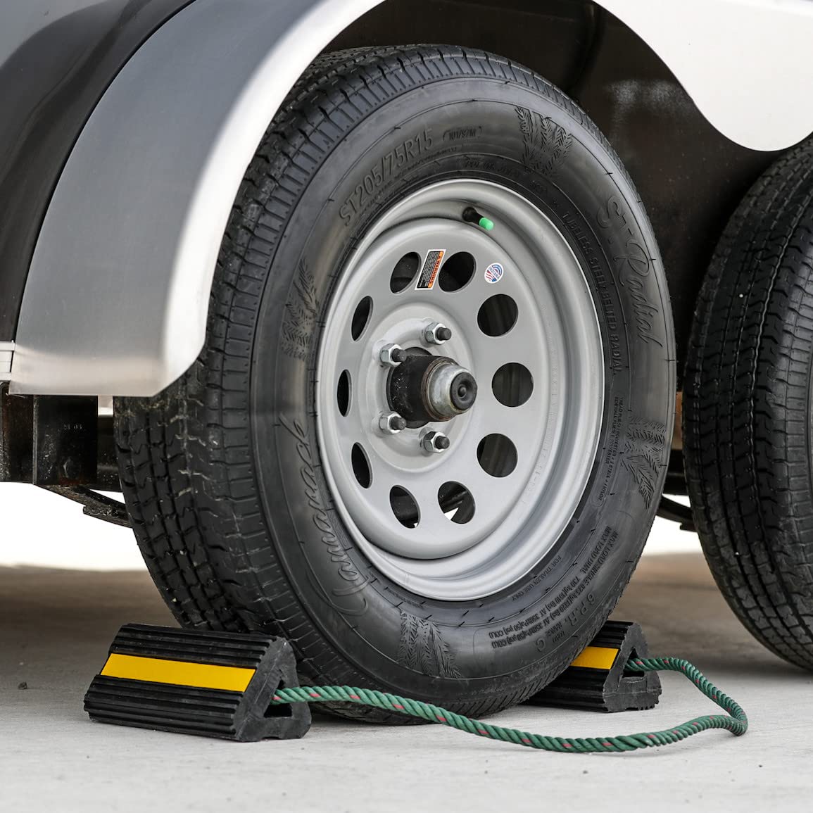 Heavy Duty Buyers Products WC24483 Wheel Chock Set – 4x4x8" Rubber Wheel Chocks with 36 Inch Nylon Rope, Rust & Chemical Proof, Reflective Tape, for Trucks, Utility Vehicles, Ground Support Equipment