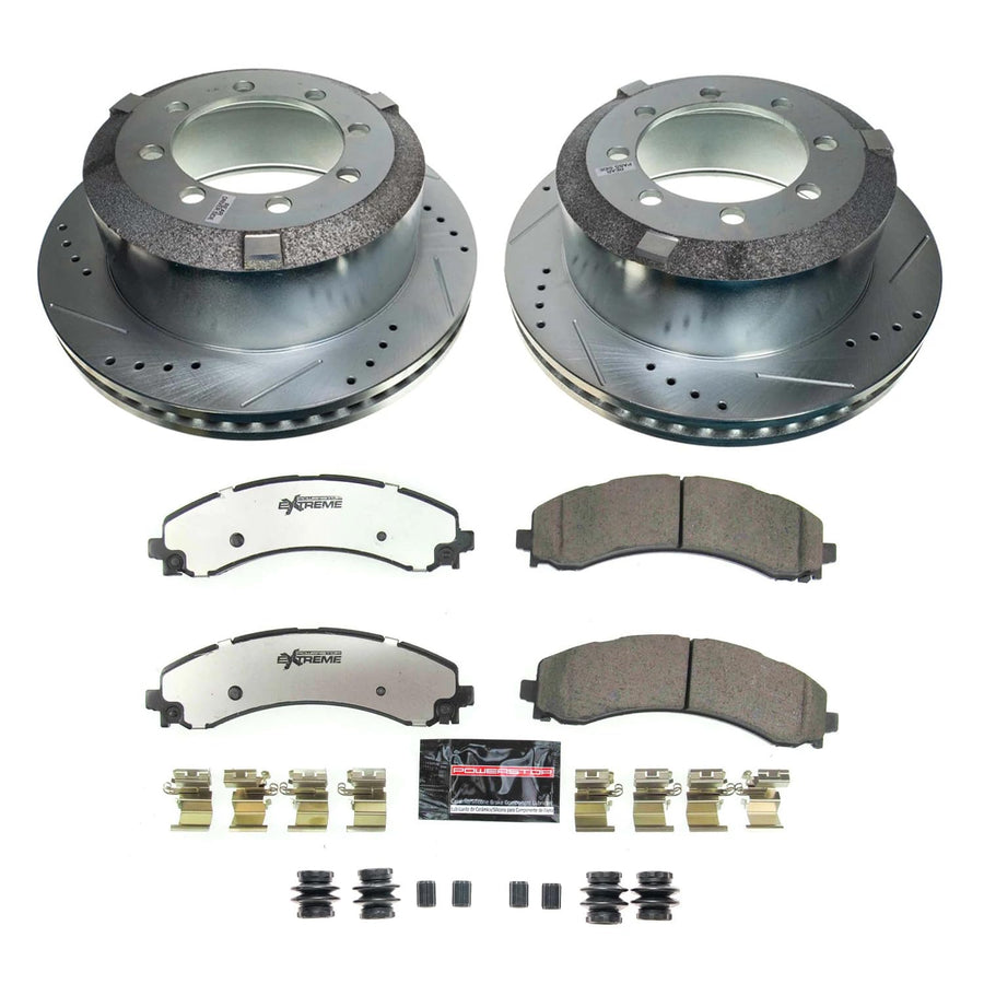 Rear Brake Kit Power Stop For 2019 2020 2021 2022 2023 2024 Ram 3500 - Truck & Tow Carbon Fiber Ceramic Brake Pads & Drilled and Slotted Rotors Replacement, K8776-36