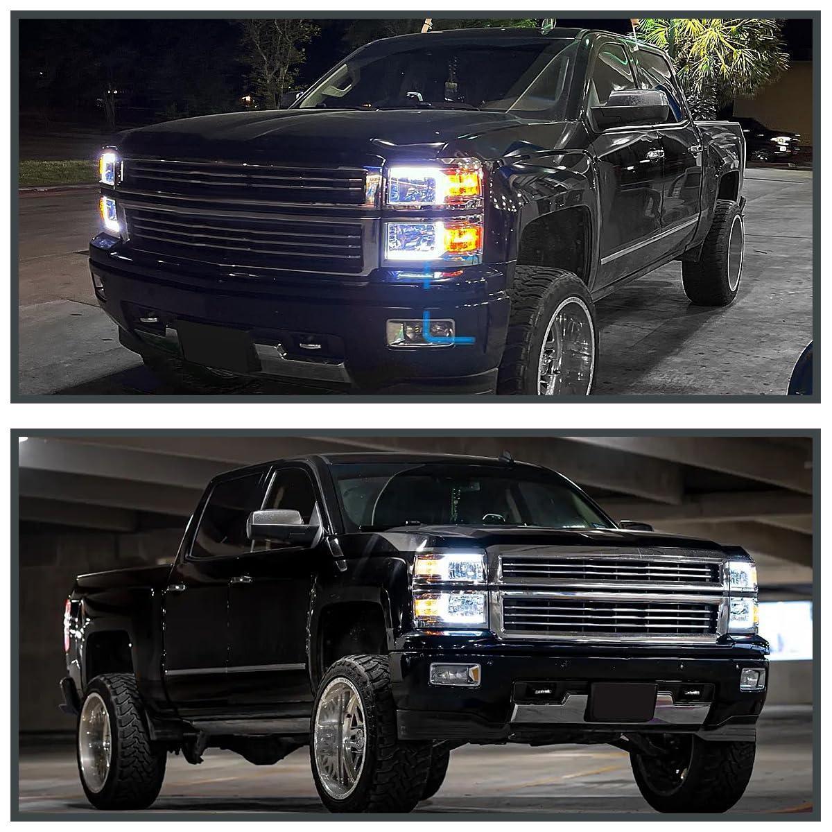 Chrome Headlights SPEC-D TUNING w/LED Light Bar and Silver Trim Compatible with 2014-2015 Chevy Silverado 1500, Left + Right Pair Headlamp Assembly