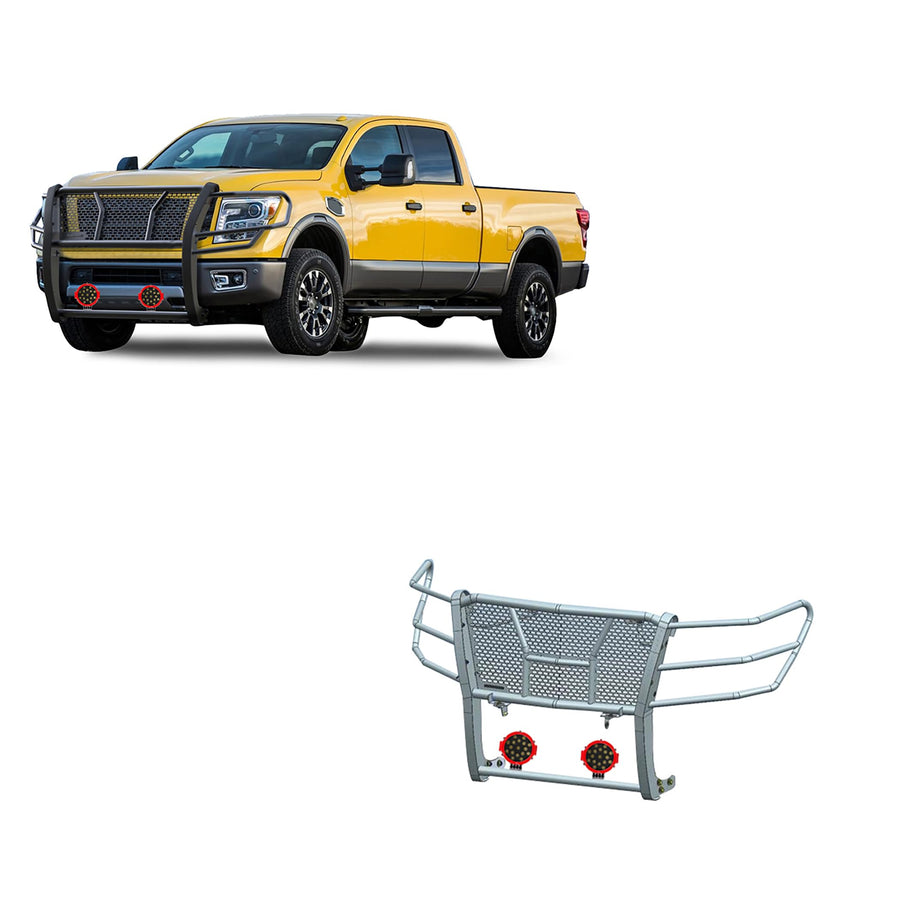 Rugged Black Horse Heavy Duty Grille Brush Bumper Guard Modular Come with Pair of 7.0" Dia.LED Lights with Red Trim Rings Compatible with 2017-2024 Nissan Titan XD-RU-NIXD16-B-PLR