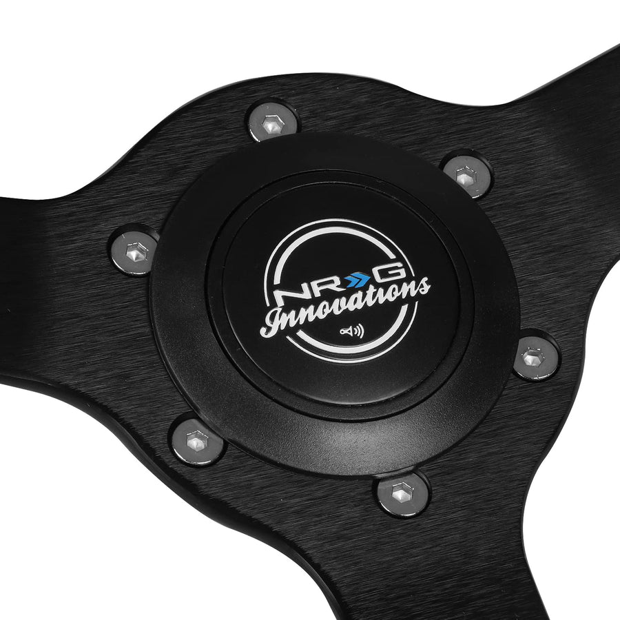 NRG Innovations Reinforced NRG-RST-380STL-B Classic Stealth Wheel, 380mm, 3 Spoke Center with Diagnal Slits, 1" Deep Dish with Perforated Leather and Black Stitching