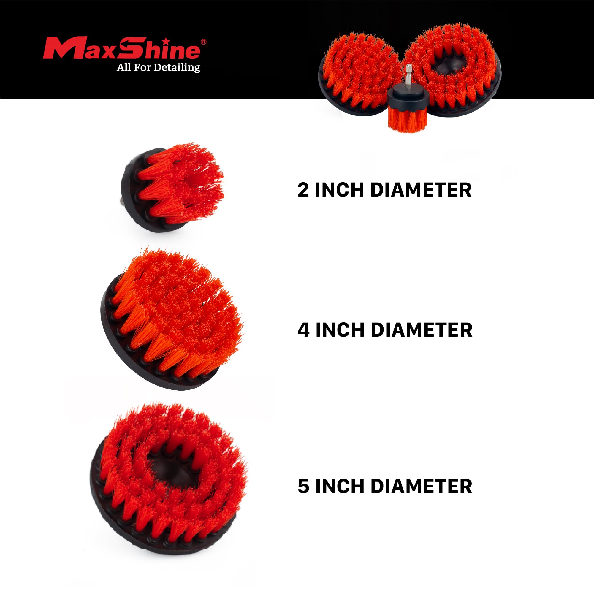 Maxshine M8 Universal Drill Brush Set, 3-Piece (2”, 4”, 5”) | Heavy-Duty Carpet & Upholstery Cleaner with Drill Attachment | Detailing Brush Kit for Leather, Fabric, Seats, Floor Mats & Car Interiors