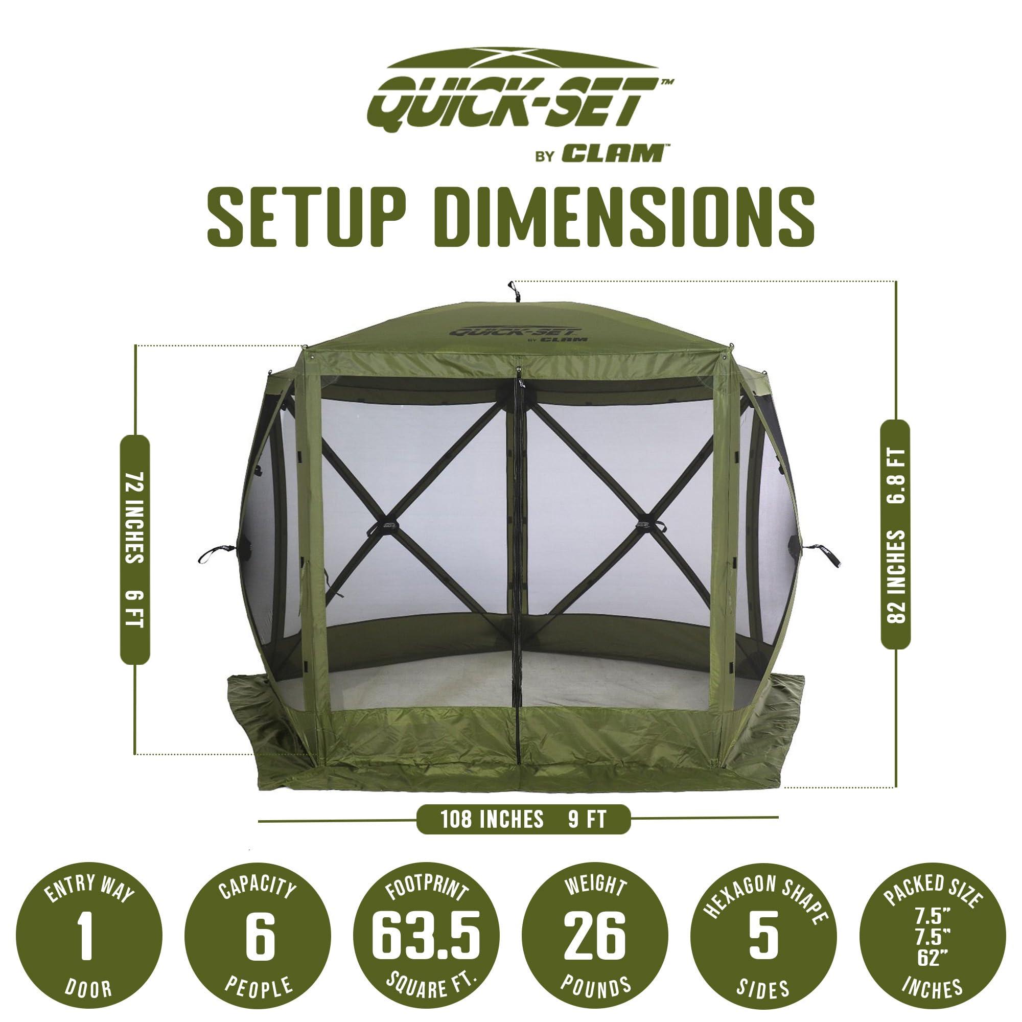 Pop Up CLAM Screen Tent, Outdoor Camping Gazebo Canopy, Venture, 9' x 9', Green