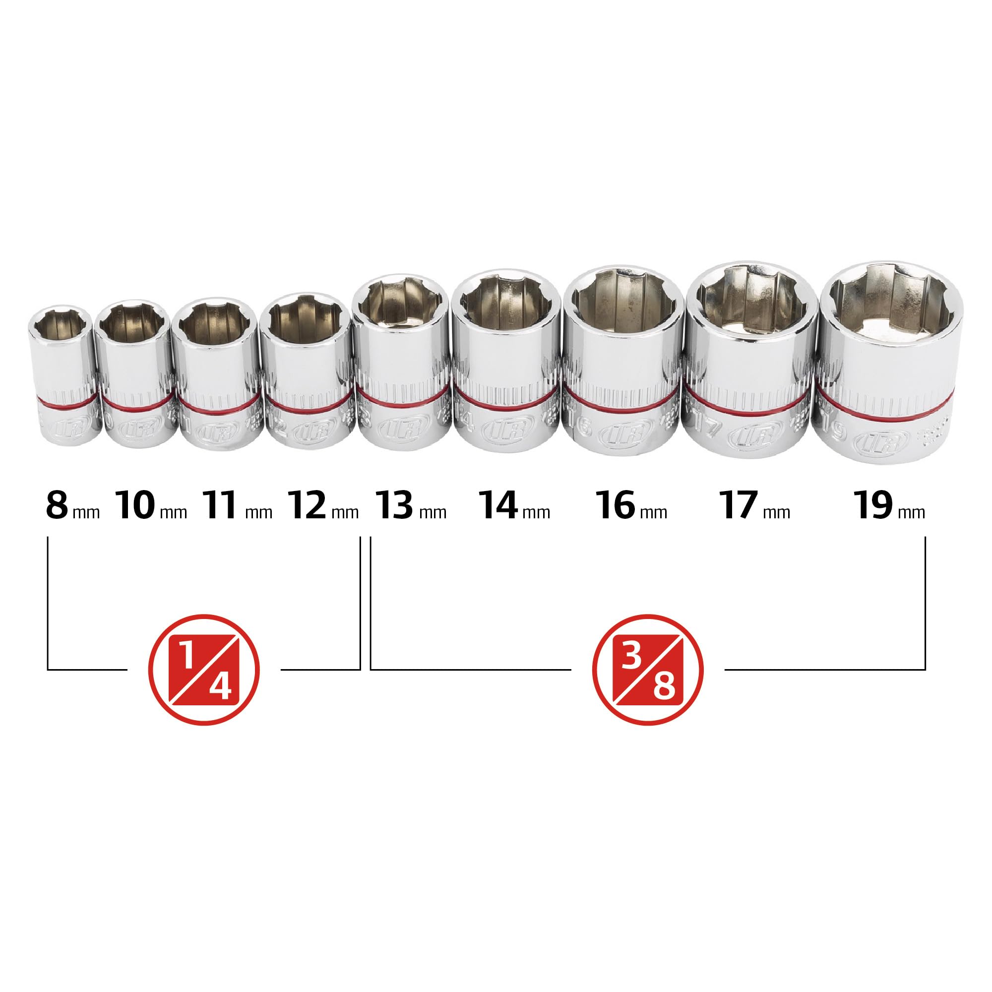 Ingersoll Rand 9 Piece Metric Tech Solutions Non-Slip Socket Set, Sizes: 8-19mm, Patented Twist Design for Tighter Grip as Sockets Turn, with Thermoform Organizer Tray – 752039
