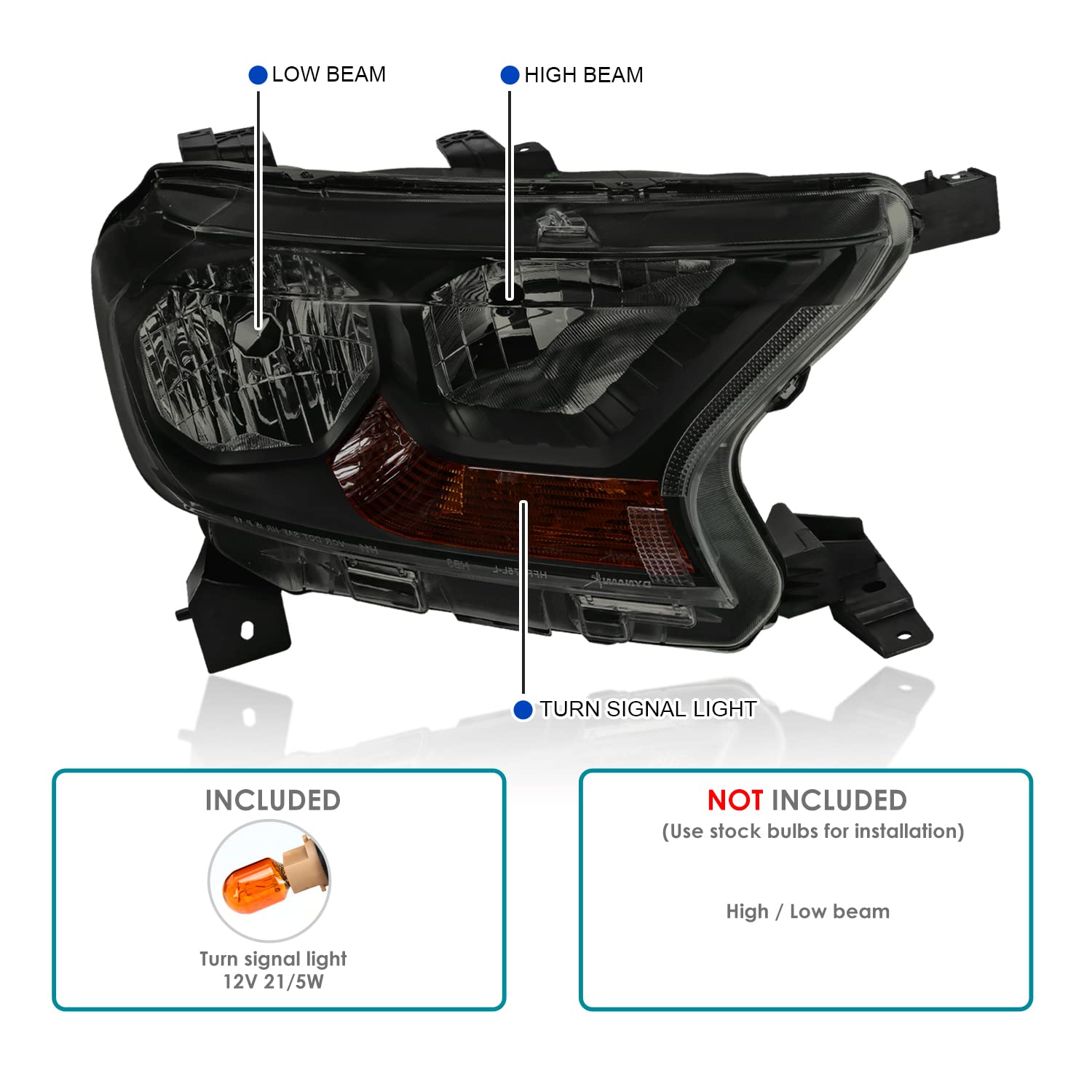 Black Housing Spec-D Tuning Smoke Lens Headlights w/Amber Reflector Compatible with Ford Ranger XL/XLT 2019-2022, L+R Pair Head Lights Lamps