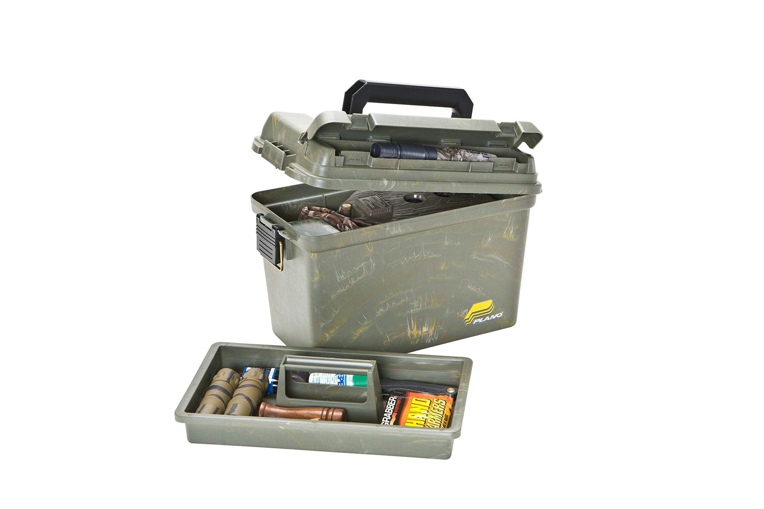Camo Plano Field Ammo Box, Lockable Ammunition Storage Box with Heavy-Duty Carry Handle, Large Plastic Ammo Storage With Tray, Water-Resistant Protection, Holds 6 Boxes of Ammo