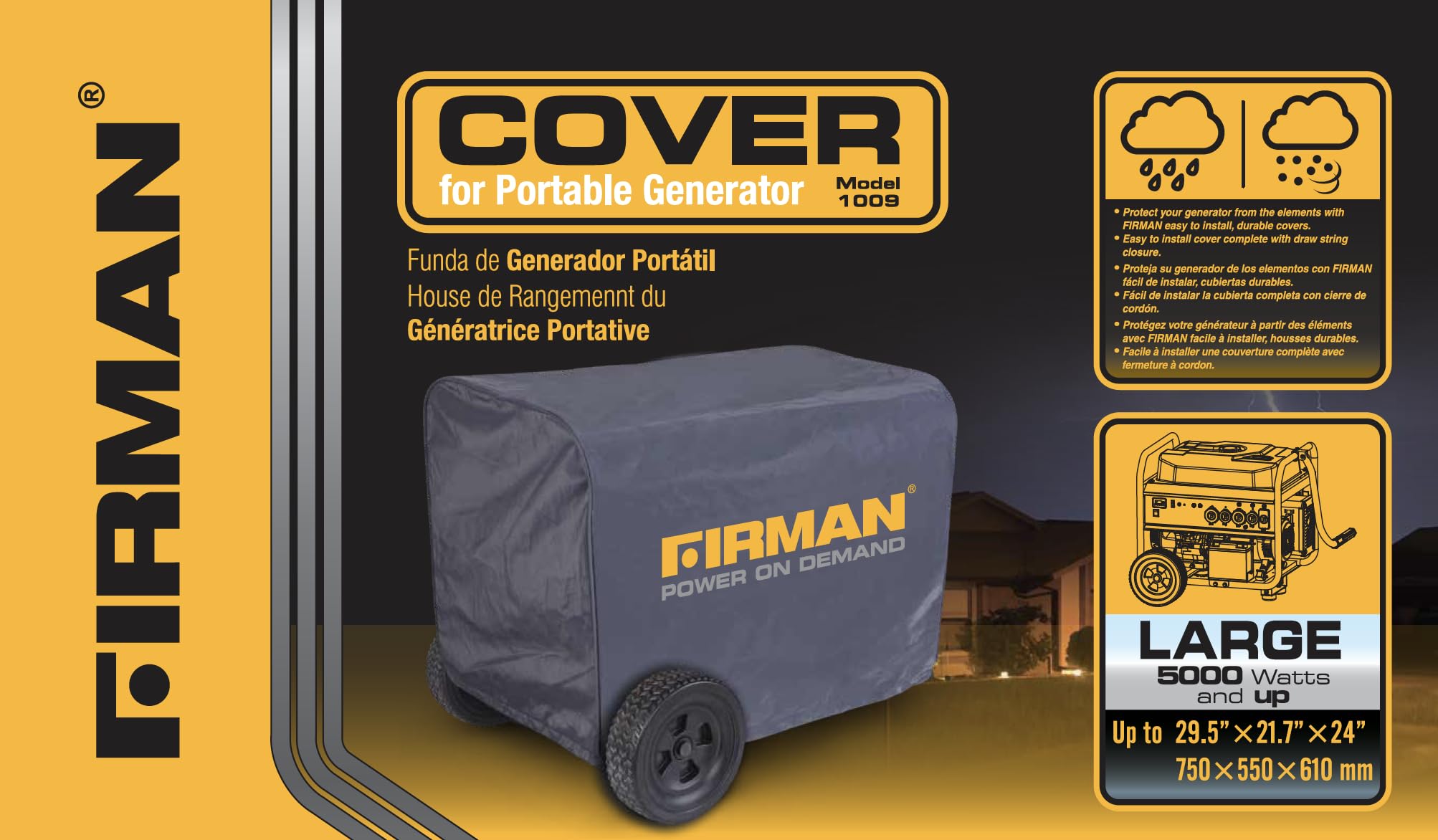 FIRMAN Large Portable Generator Cover 1009, Heavy Duty Waterproof Vinyl, Double Insulated Protection for Generators 5000 Watts and above, with Drawstring Closure and Secure Pull Cord