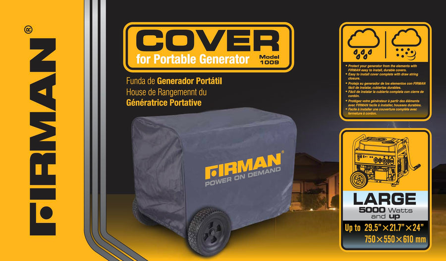 FIRMAN Large Portable Generator Cover 1009, Heavy Duty Waterproof Vinyl, Double Insulated Protection for Generators 5000 Watts and above, with Drawstring Closure and Secure Pull Cord