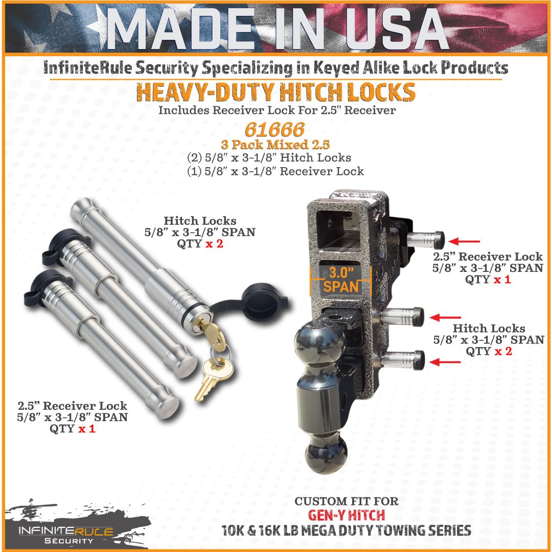 Security InfiniteRule 61666 | 3 Pack Mixed 2.5, Keyed Alike, Hitch Locks for Gen-Y Hitch Mega Duty 10K LB & 16K LB Series - Includes Lock for 2.5" Receiver