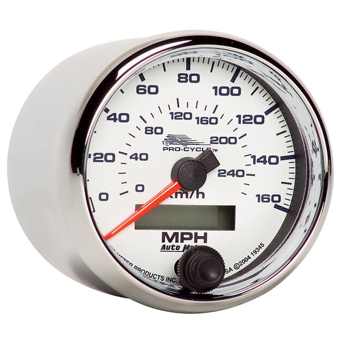 Speedometer AutoMeter 19345 Gauge (Pro-Cycle Gauge, Speedo, 2 5/8", 160 Mph/260Km/H, Elec, White, Pro-Cycle)