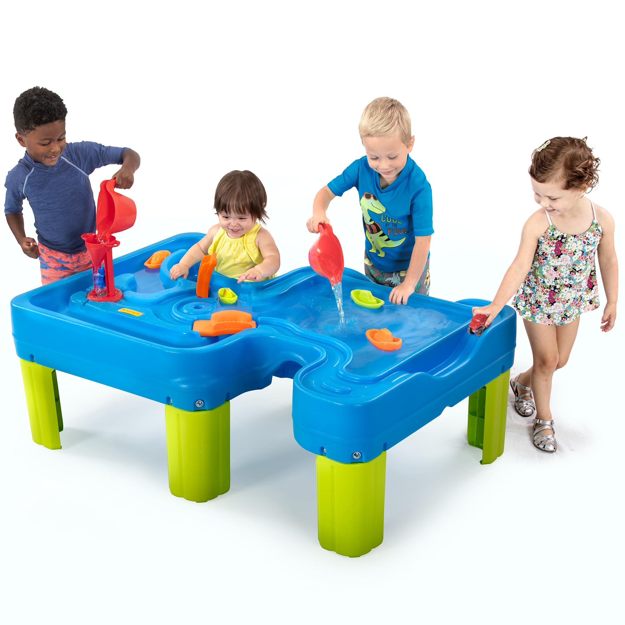Simplay3 Water Play Table Big River and Roads, Outdoor Activity Table with Track Toys for Toddlers and Kids, 9 Accessories Included, Made in USA