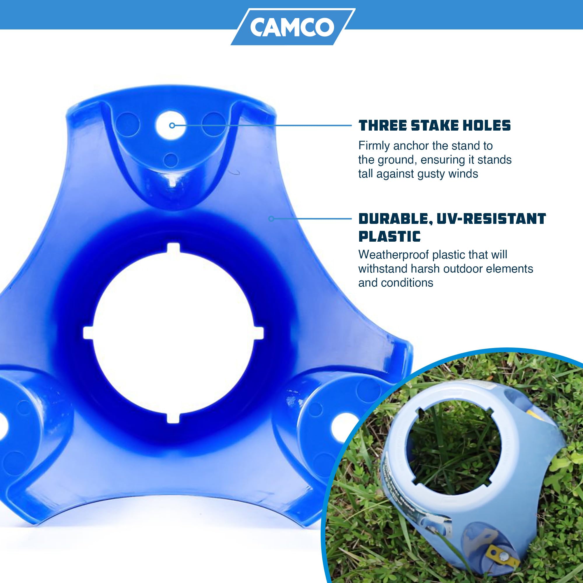 Camco - 21018 Water Filter Stand Universal Fit Plastic - Supports Water Filter in Upright Position to Reduce Hose Kinking and Maximize Water Flow Rate, Fits 4-Inch Filters - 40775, Blue