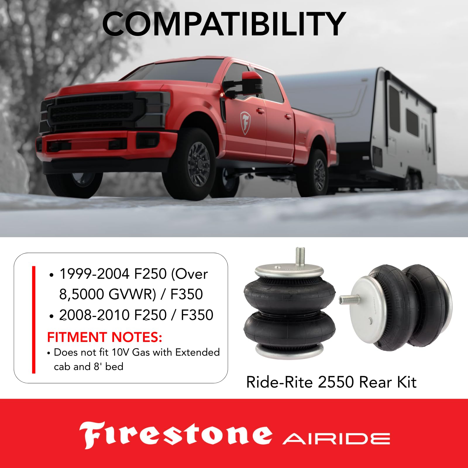 Firestone 2550 Airide Rear Springs Kit fits 1999-2004 F250 F350 and 2008-2010 F250 F350 | 5-100 PSI | No Drill Installation | Enhances Brake Effectiveness | Reduces Tire Wear