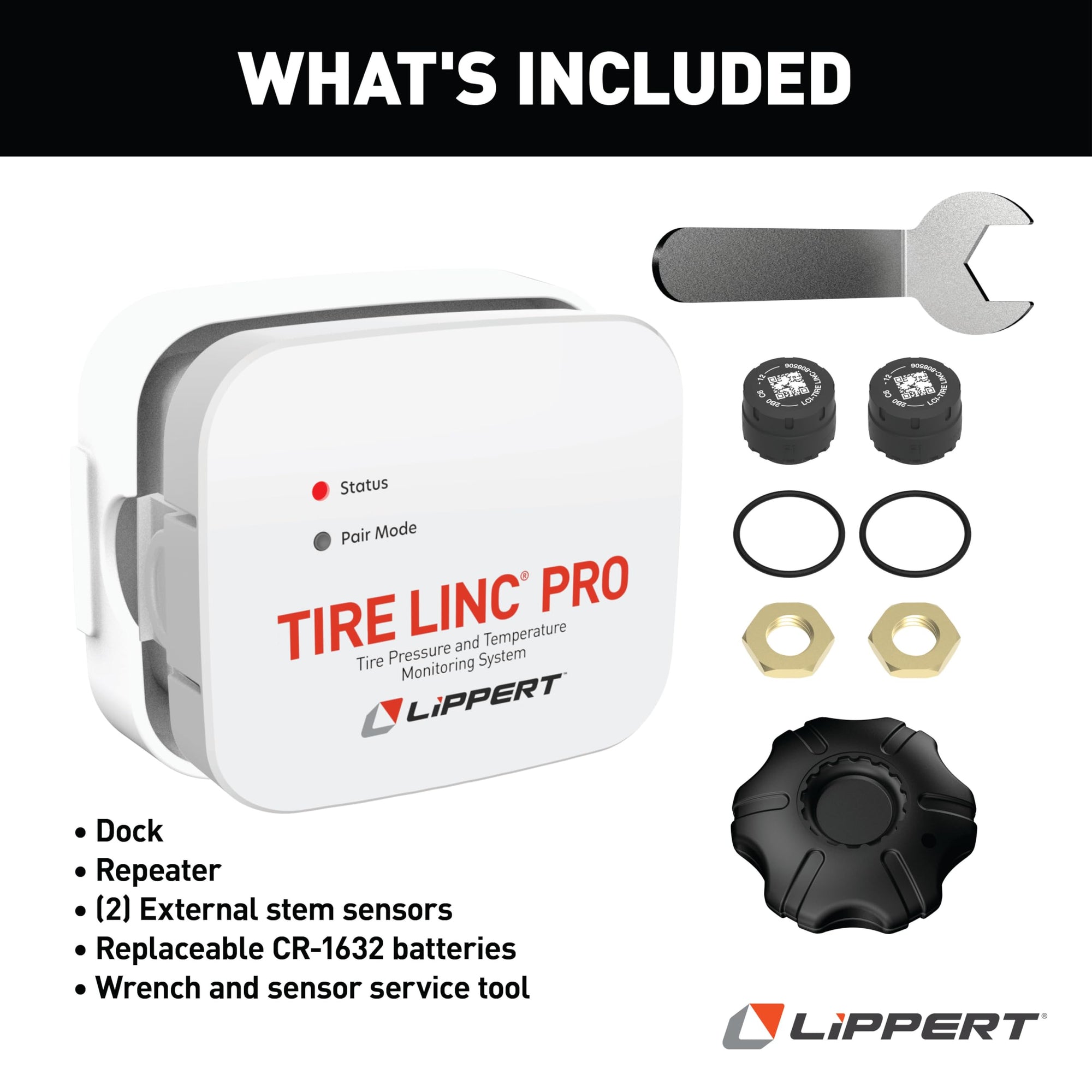 Lippert PRO Tire LINC RV Tire Pressure/Temperature Monitoring System (TPMS) 2-Tire Bundle with External Stem Sensors, Repeater, and Dock #2024115887