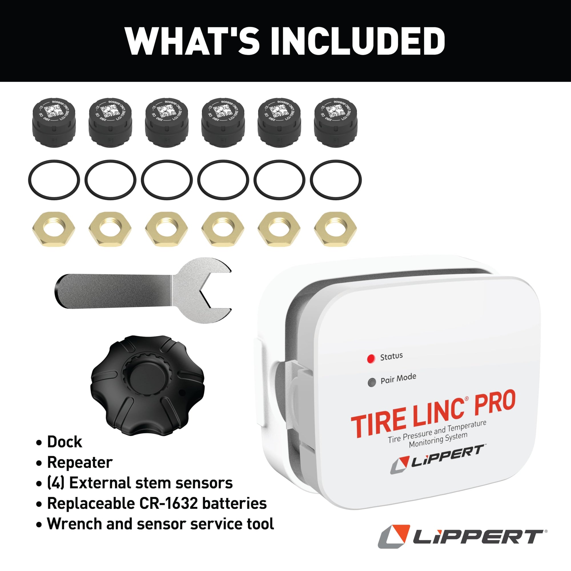 Lippert PRO Tire LINC RV Tire Pressure/Temperature Monitoring System (TPMS) 6-Tire Bundle with External Stem Sensors, Repeater, and Dock #2024115891