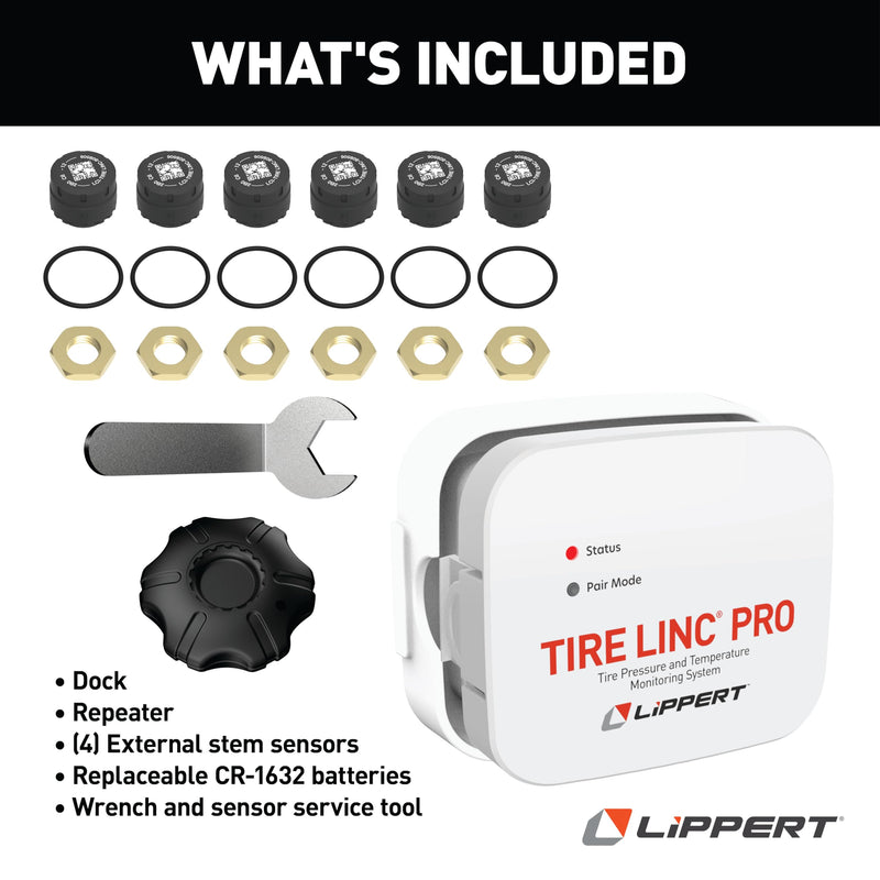 Lippert PRO Tire LINC RV Tire Pressure/Temperature Monitoring System (TPMS) 6-Tire Bundle with External Stem Sensors, Repeater, and Dock #2024115891