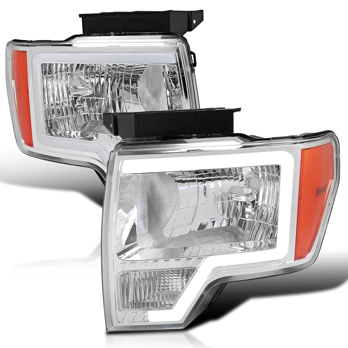 Chrome LED Tube Headlights SPEC-D TUNING Compatible with 2009-2014 Ford F150 F-150, Left + Right Pair Headlamps Assembly