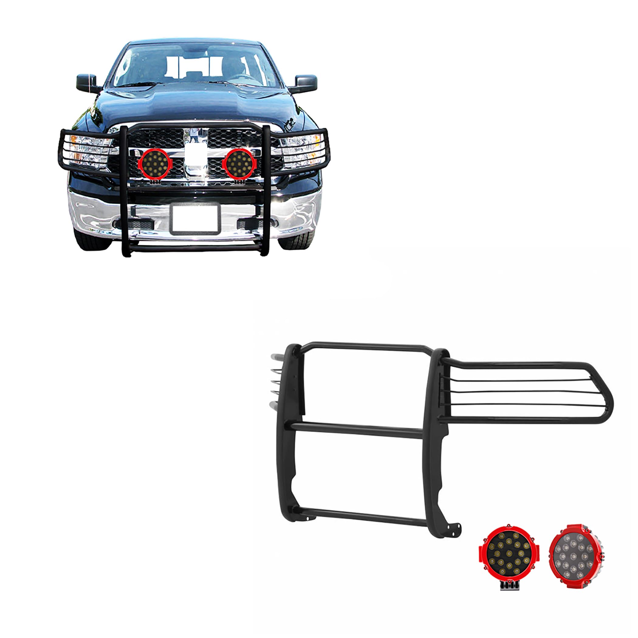 Grille Brush Black Horse Bumper Guard Modular Come with Pair of 7.0" LED Lights with Red Trim Rings Compatible with 2009-2018 Dodge Ram 1500|2019-2023 Ram 1500 Classic-17DG109MA-PLR