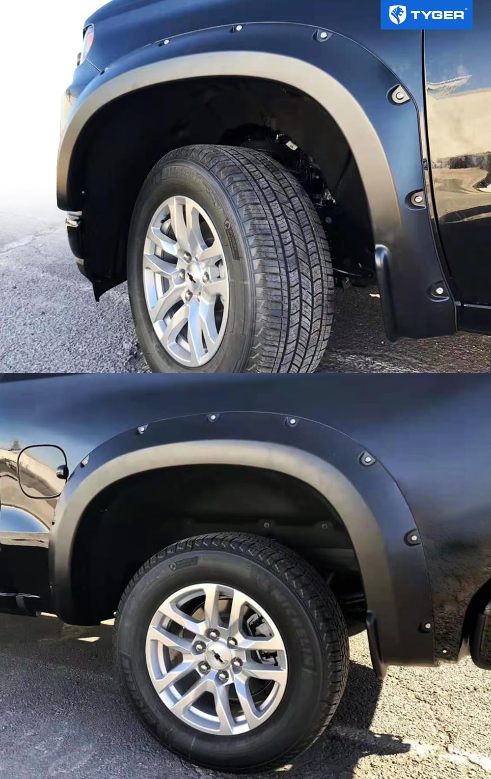 Tyger Auto Fender Flare 2019-2021 Compatible with Chevy Silverado 1500 (Not Fit 19 LD), Smooth Textured Black Paintable Bolt-Riveted Style 4pc | TG-FF8C4588