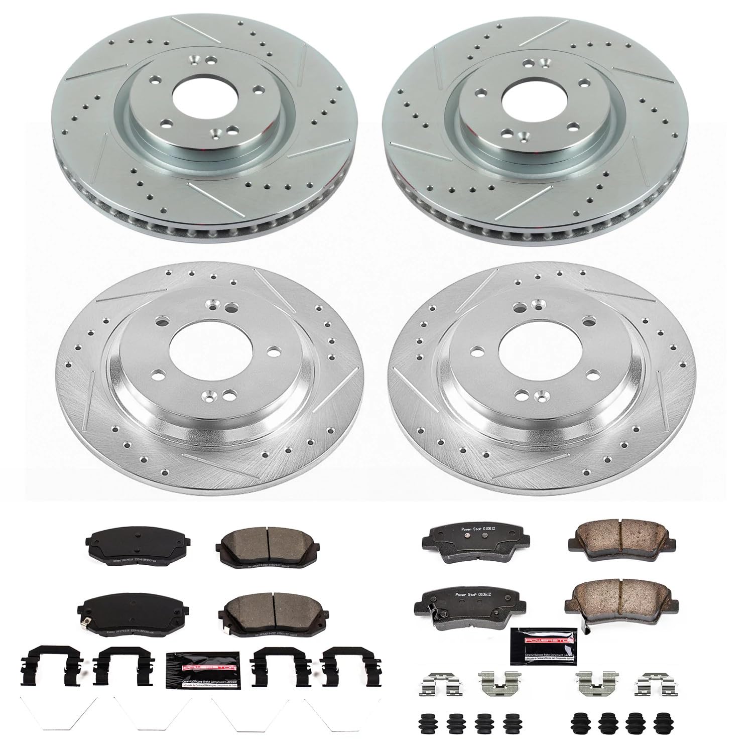 Power Stop K7511 Z23 Carbon Fiber Brake Pads Front and Rear with Drilled & Slotted Brake Rotors Kit For Hyundai Sonata 2016-2019, Kia Optima 2016-2019 [Model Specific]