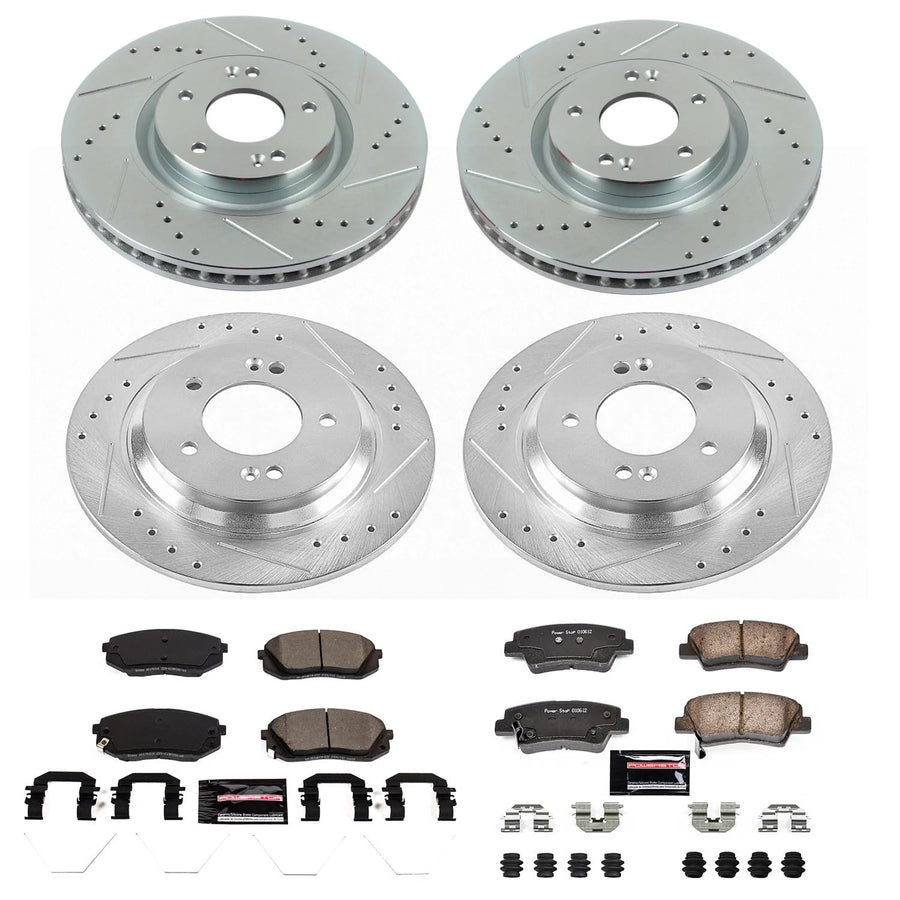 Power Stop K7511 Z23 Carbon Fiber Brake Pads Front and Rear with Drilled & Slotted Brake Rotors Kit For Hyundai Sonata 2016-2019, Kia Optima 2016-2019 [Model Specific]