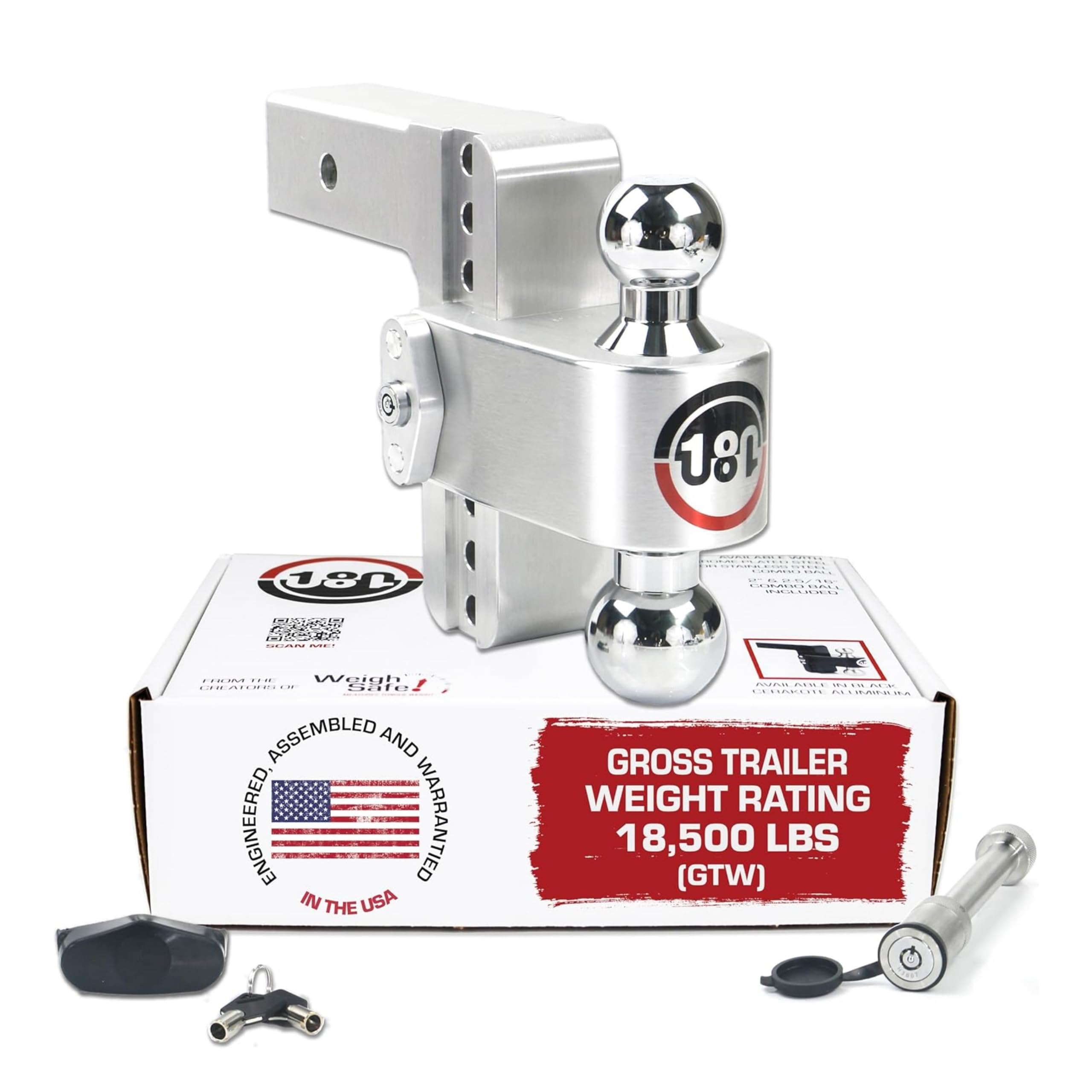 Weigh Safe Adjustable Hitch Trailer Ball Mount, 6" Adjustable Drop Hitch for 2.5" Receiver w/ 2 pc Keyed Alike Lock Set, Heavy Duty Aluminum Trailer Tow Hitch w/ Chrome Plated Tow Balls, 18,500 GTW