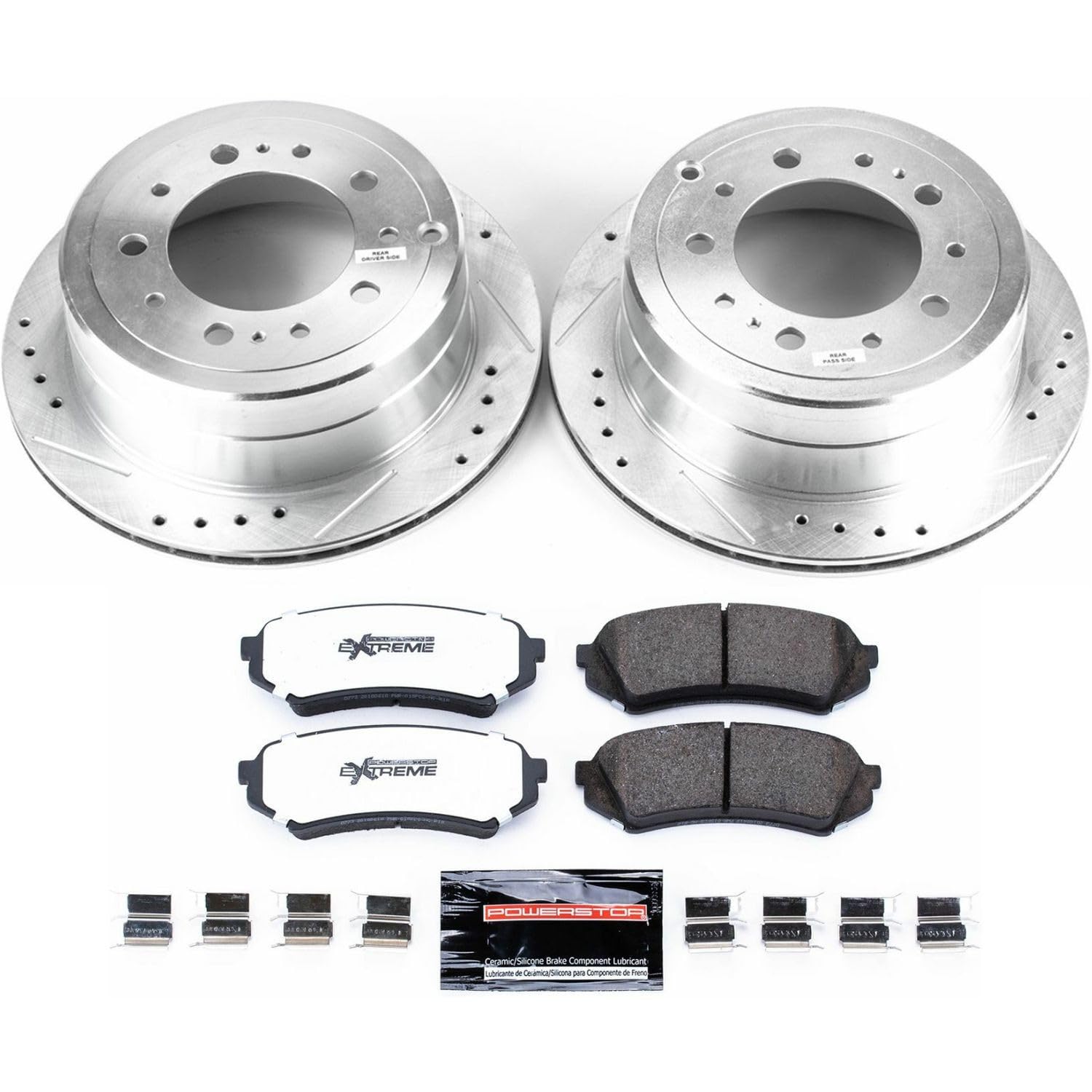 Rear Brake Kit Power Stop For 1998 1999 2000 2001 2002 2003 2004 2005 2006 2007 Lexus LX470 - Truck & Tow Carbon Fiber Ceramic Brake Pads & Drilled and Slotted Rotors Replacement, K1134-36