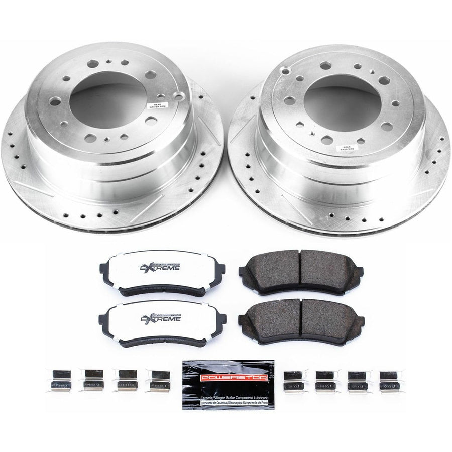 Rear Brake Kit Power Stop For 1998 1999 2000 2001 2002 2003 2004 2005 2006 2007 Lexus LX470 - Truck & Tow Carbon Fiber Ceramic Brake Pads & Drilled and Slotted Rotors Replacement, K1134-36