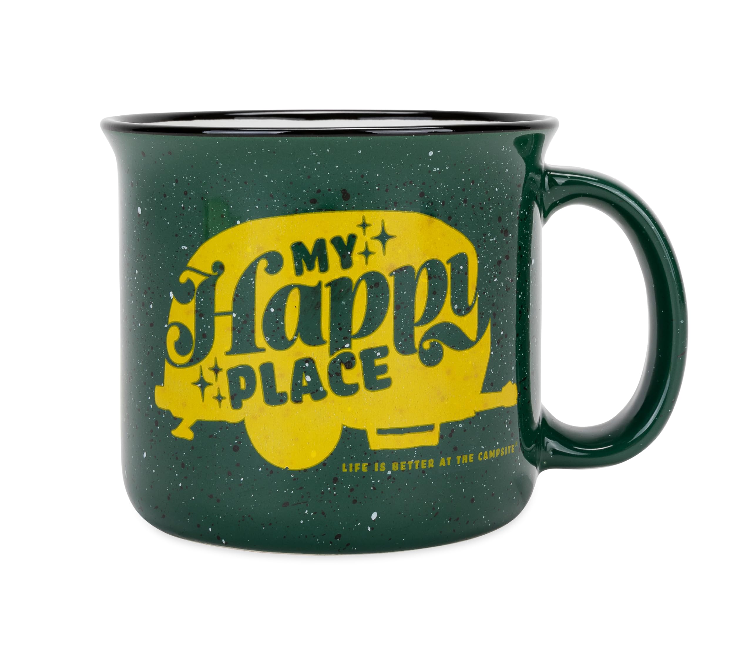 Camco Ceramic Coffee Mug is Better at The Campsite Life - Microwave and Dishwasher Safe - Features Green Background with Retro RV My Happy Place Design - Coffee Cup Holds 14oz. (53471)