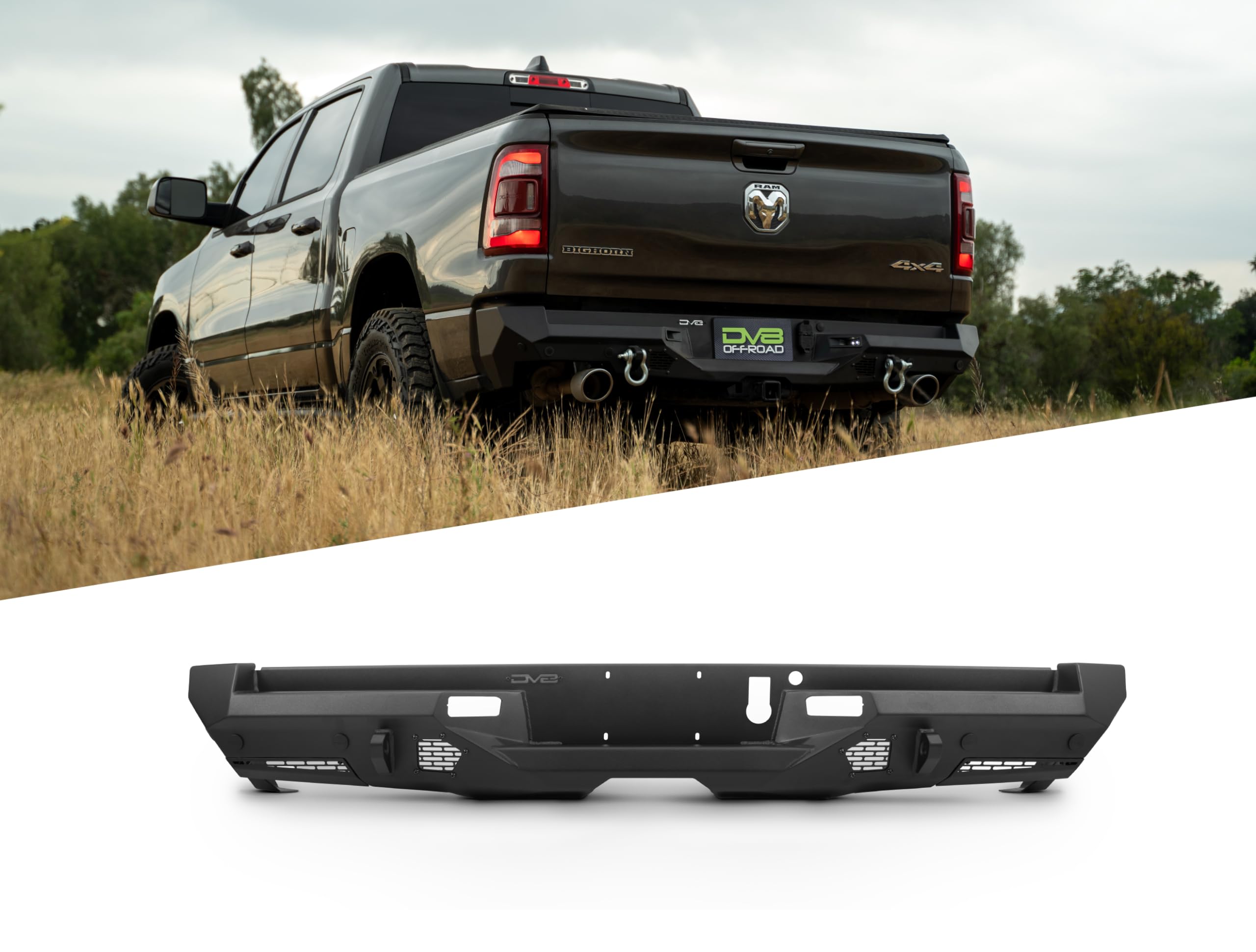 DV8 Offroad Rear Bumper Spec Series Compatible with 2019-2024 Ram 1500 Single and Dual Exhaust Models | Mount two 3" Pod Lights | Recovery Points | Fully Bolt-On | Powder Coated Finish