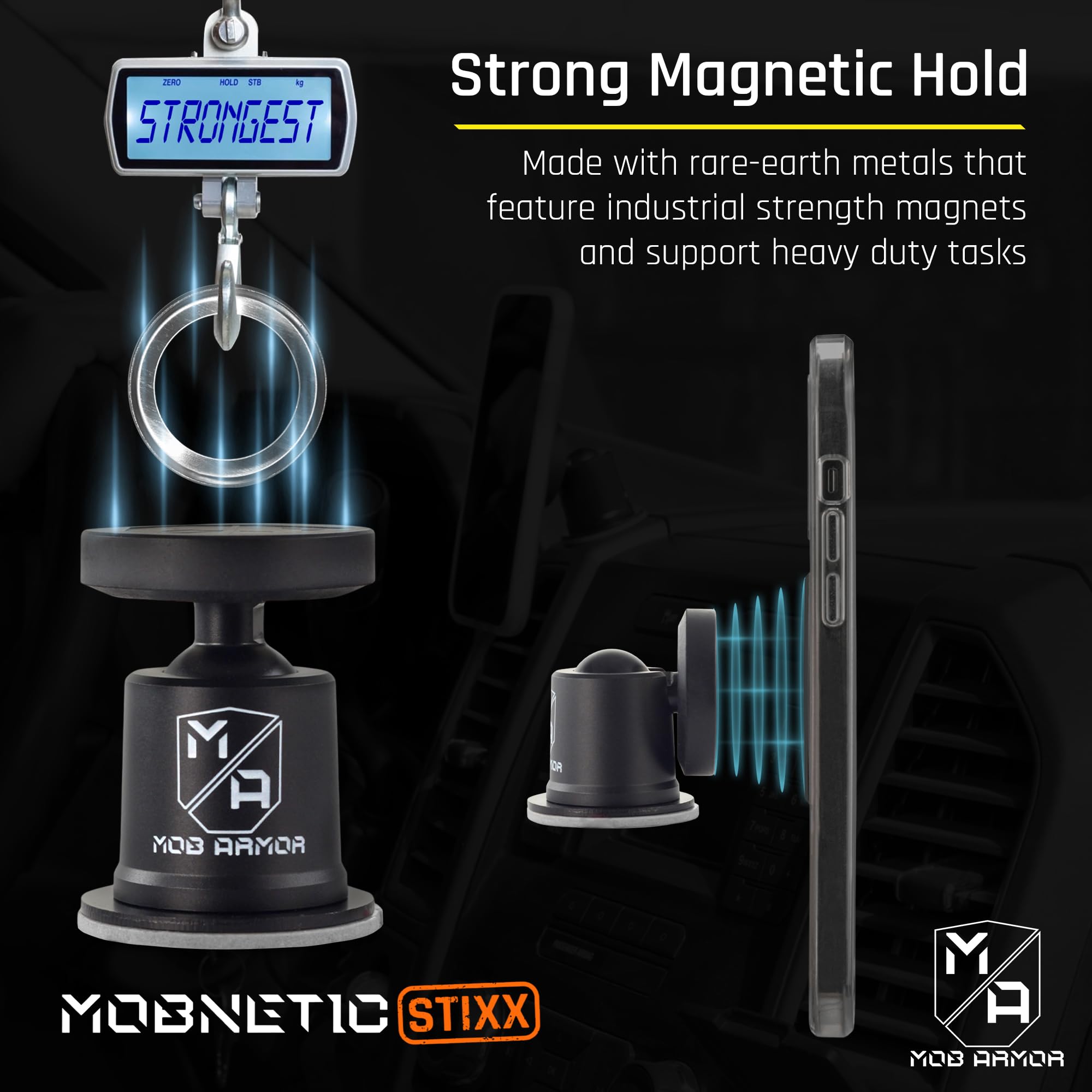 Mob Armor Stixx MobNetic - Phone Holder for Your Car, Magnetic Phone Mount for Trucks, Jeeps, and More - 90º Tilt & 360º Rotation, Compatible with iPhone & Android Smartphones
