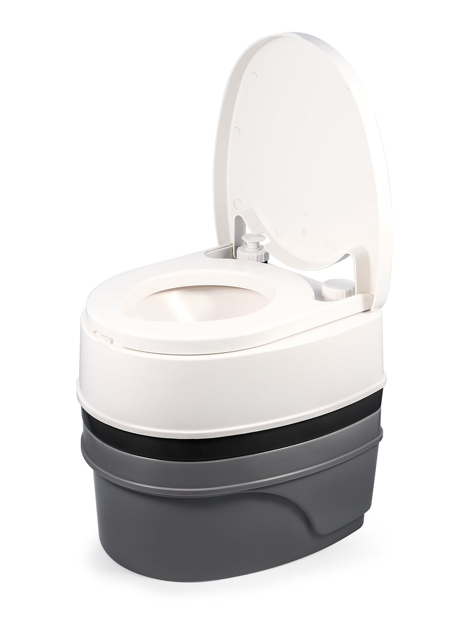 Camco Premium Portable Travel Toilet With Swivel Dumping Elbow and Three Directional Flush | Designed for Camping, RV, Boating And Other Recreational Activities - (5.3 gallon) (41545),White