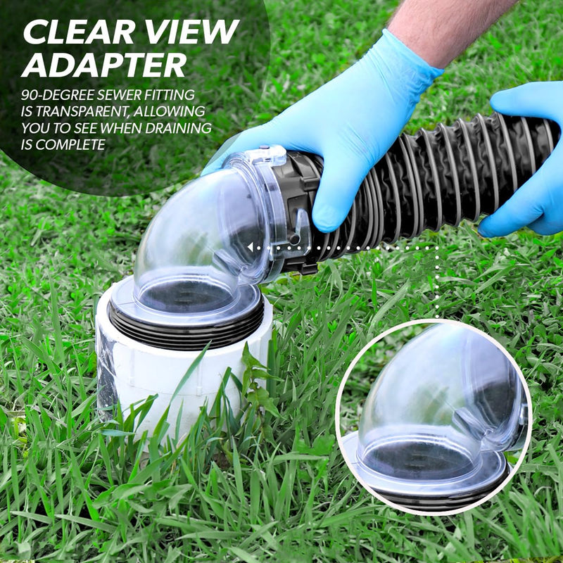 15-Foot Valterra Silverback™ RV Sewer Hose Kit, Universal Sewer Hose for Camper, Includes 15-Foot Hose with Rotating Fittings, 90 Degree ClearView Sewer Adapter and 2 Drip Caps
