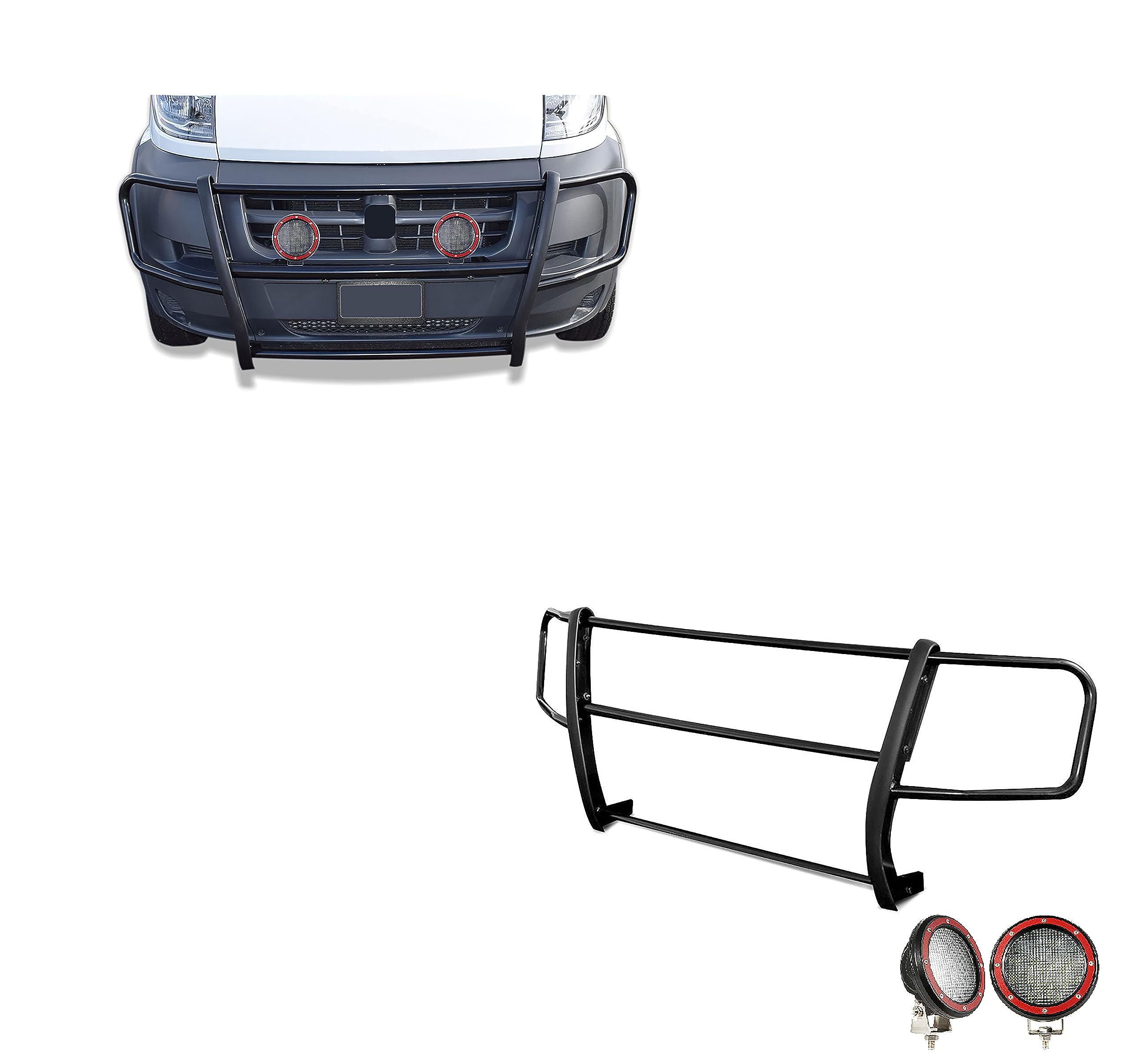 SPARTAN Black Horse Grille brush Bumper Guard Modular Black Come With Pair of 5.3"LED Light with Red Trim Rings Compatible with 2014-2022 Ram Promaster 1500/Promaster 2500/Promaster 3500-17DOPRMA-PLFR