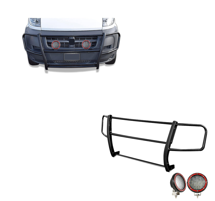 SPARTAN Black Horse Grille brush Bumper Guard Modular Black Come With Pair of 5.3"LED Light with Red Trim Rings Compatible with 2014-2022 Ram Promaster 1500/Promaster 2500/Promaster 3500-17DOPRMA-PLFR