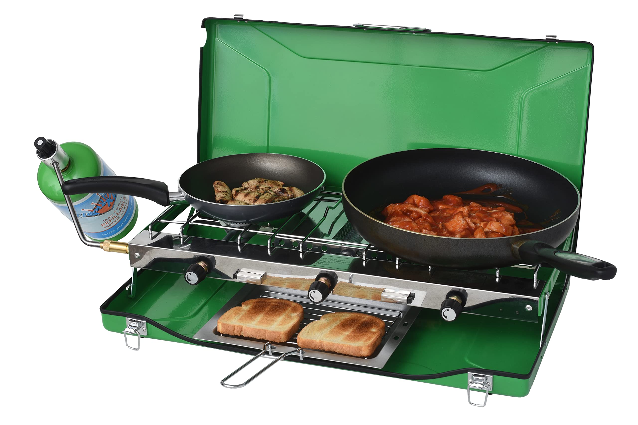 Flame King 3-Burner YSNBBQ-136M Portable Camping Stove Grill w/Toast Tray, Great for Outdoor Cooking, Backpacking, Compatible with 1LB Propane Gas Bottle