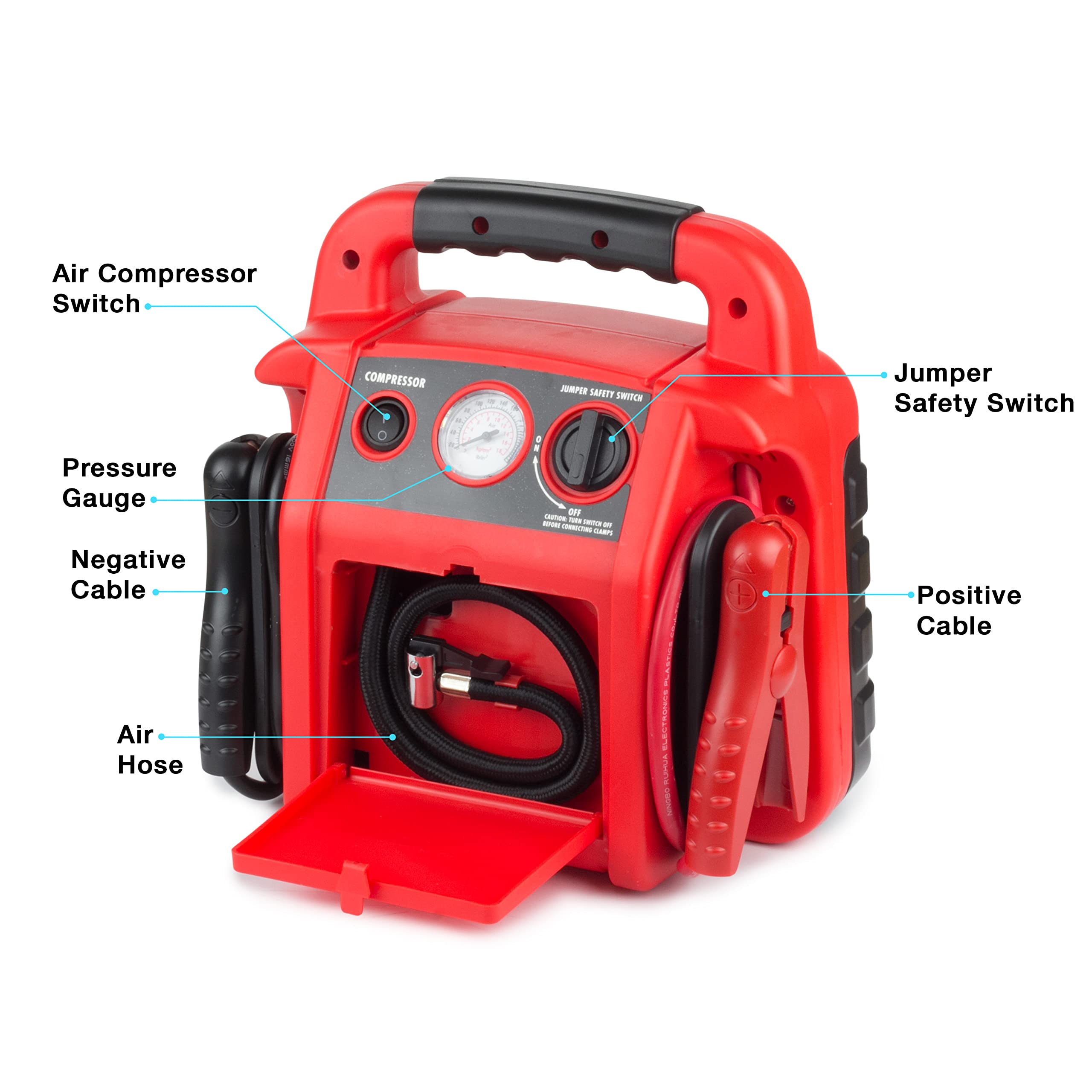 Wagan Jumpboost EL7552 V10 Air 1000 Peak Amps 12V Jump Starter with 260 PSI Powerful Air Compressor Tire Inflator, 1 Built-in DC Socket and 2A USB Port, Work Light