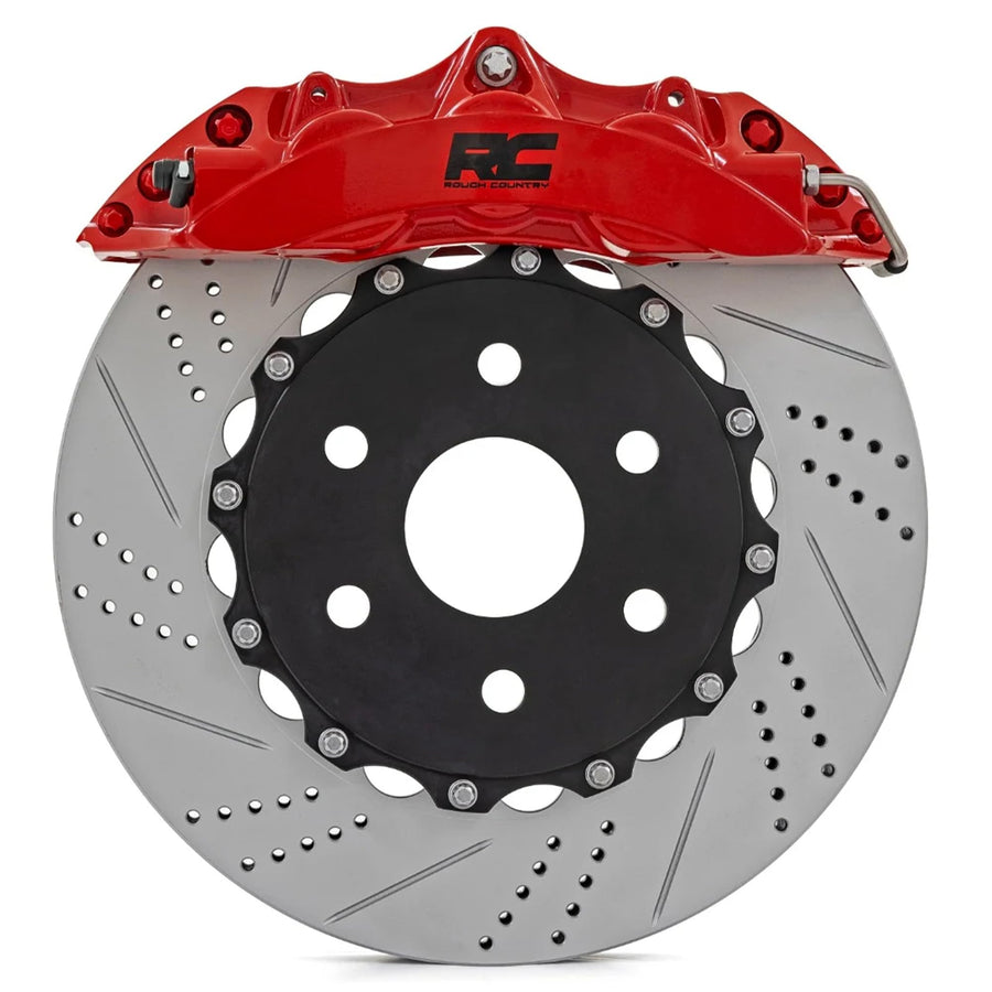Rough Country Performance Front Brake Kit for Jeep Wrangler JL & Unlimited (2018-2025) - 6-Piston Calipers, Drilled & Slotted Rotors, Stainless Steel Lines, Heavy-Duty Upgrade
